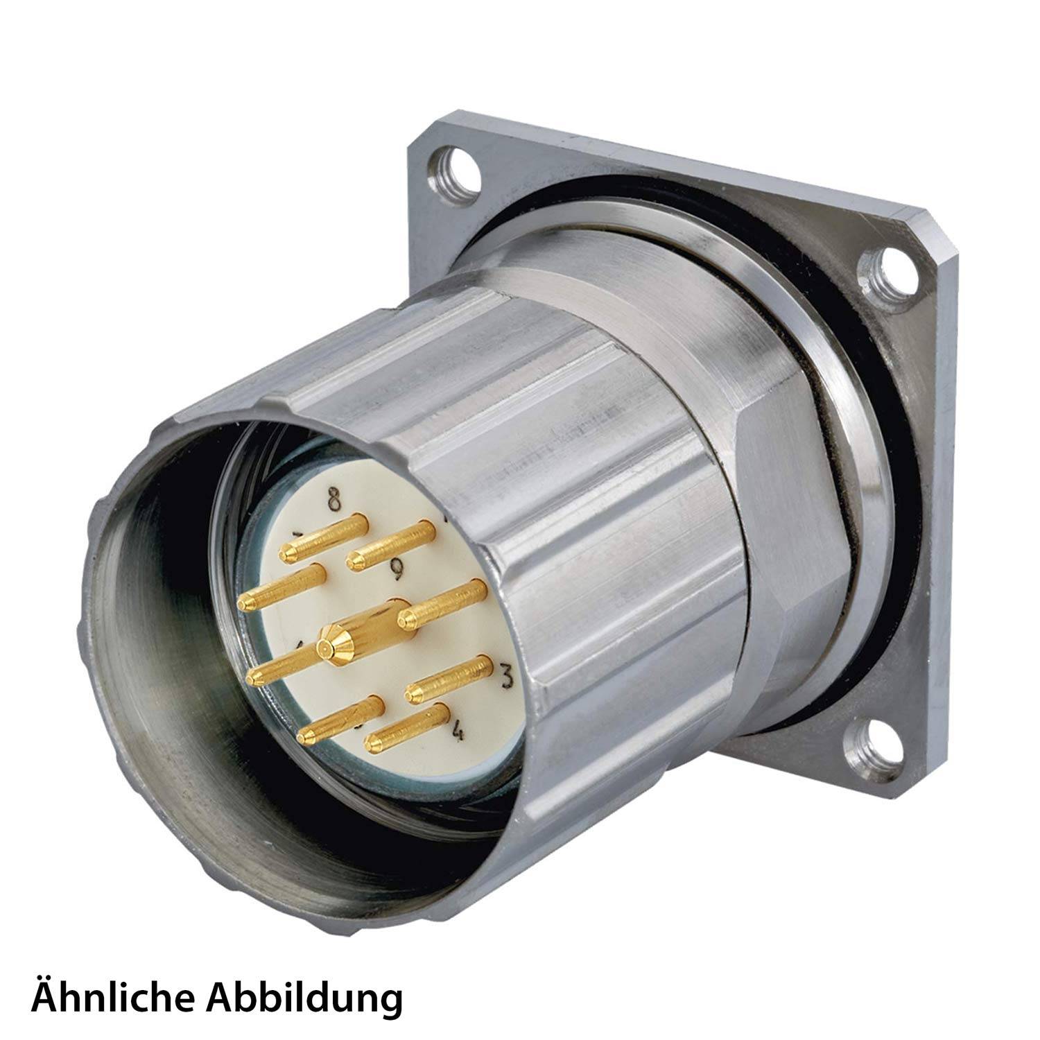 Das 'Ähnliche Bild' zeigt einen zylindrischen Metall-Steckverbinder mit mehreren Goldstiften, der für elektrische oder Datenverbindungen verwendet wird und auf einem quadratischen Flansch montiert ist.