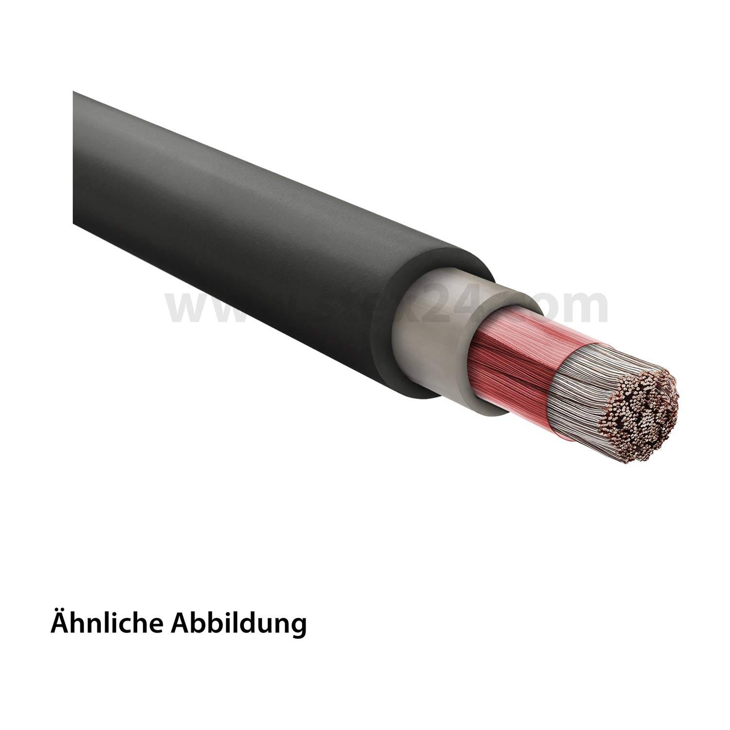 Detailaufnahme eines schwarzen isolierten Elektrokabels mit freigelegten Kupferdrähten an einem Ende, mit der Beschriftung „Ähnliche Abbildung