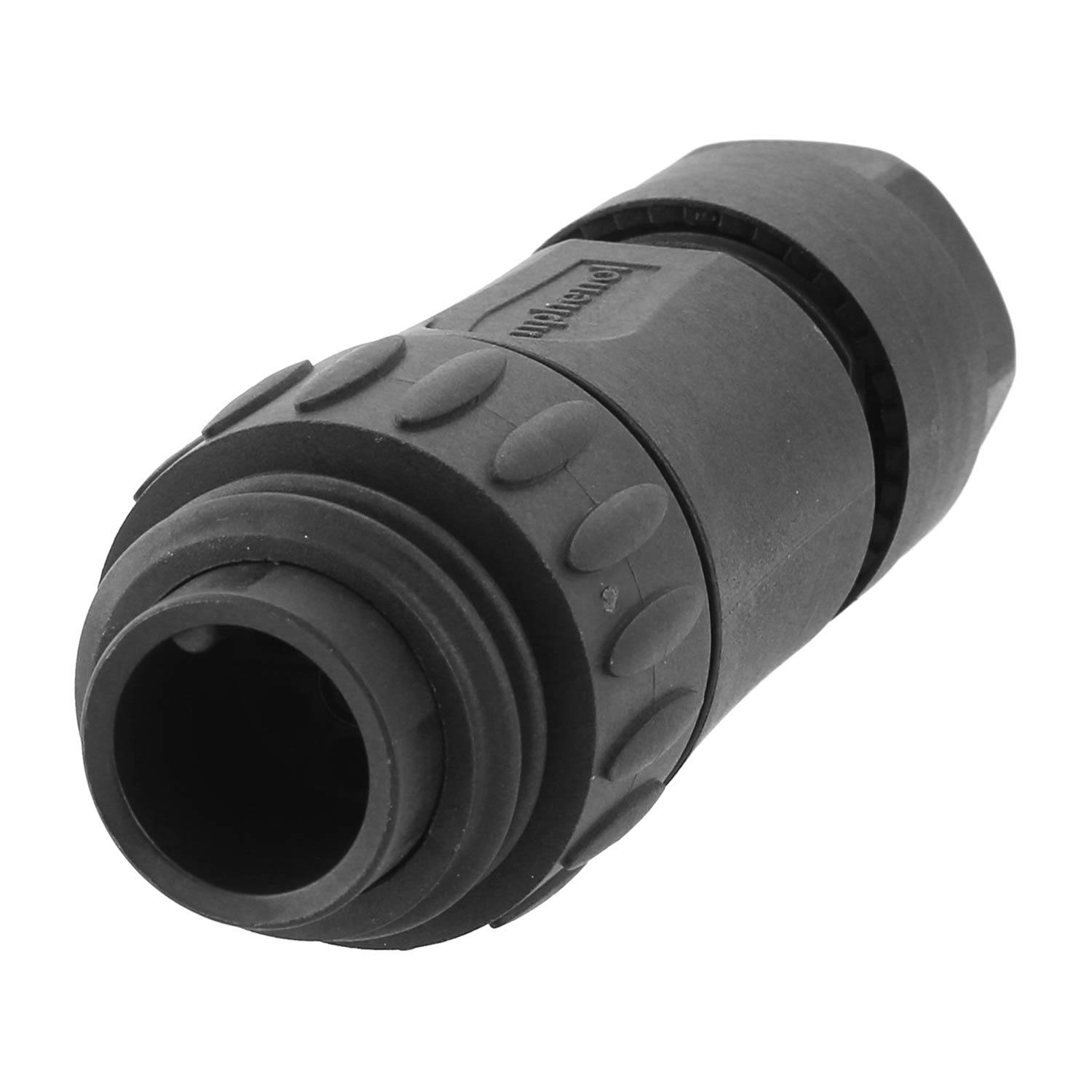 Ein schwarzer industrieller Verbinder mit zylindischer Form, versehen mit strukturierten Griffflächen und Rillen für sicheren Halt und einfache Montage.