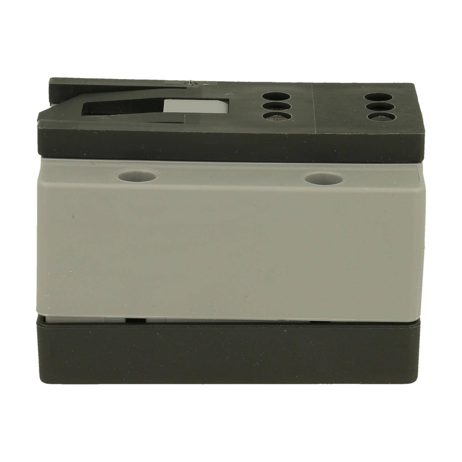 Eine graue und schwarze elektrische Komponente mit mehreren kreisförmigen Löchern auf ihrer Oberfläche, die für industrielle oder mechanische Anwendungen entwickelt wurde.