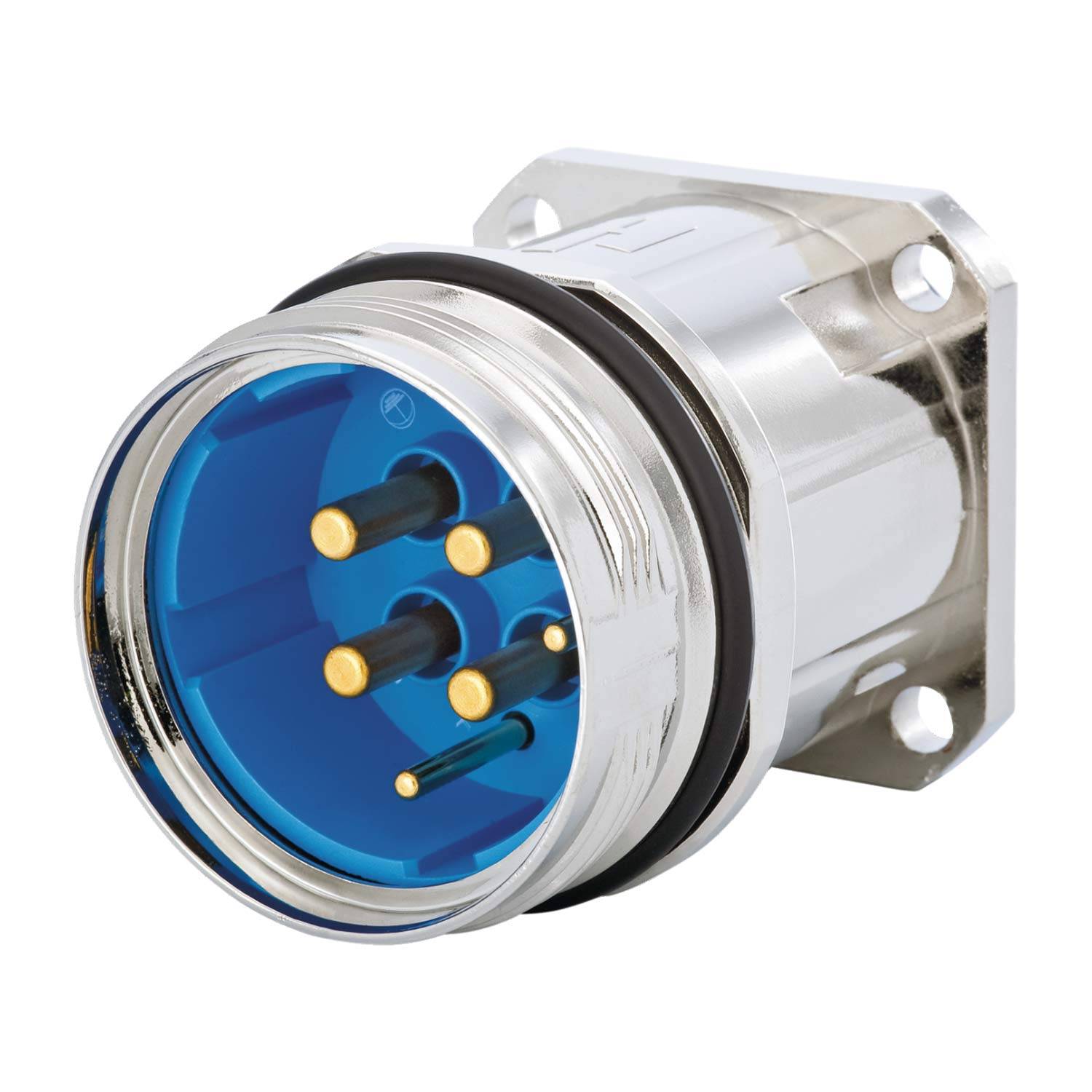 Ein metallischer kreisförmiger industrieller Stecker mit sechs goldenen Pins und blauem Innenraum, von vorne betrachtet, montiert auf einer quadratischen Metallplatte.