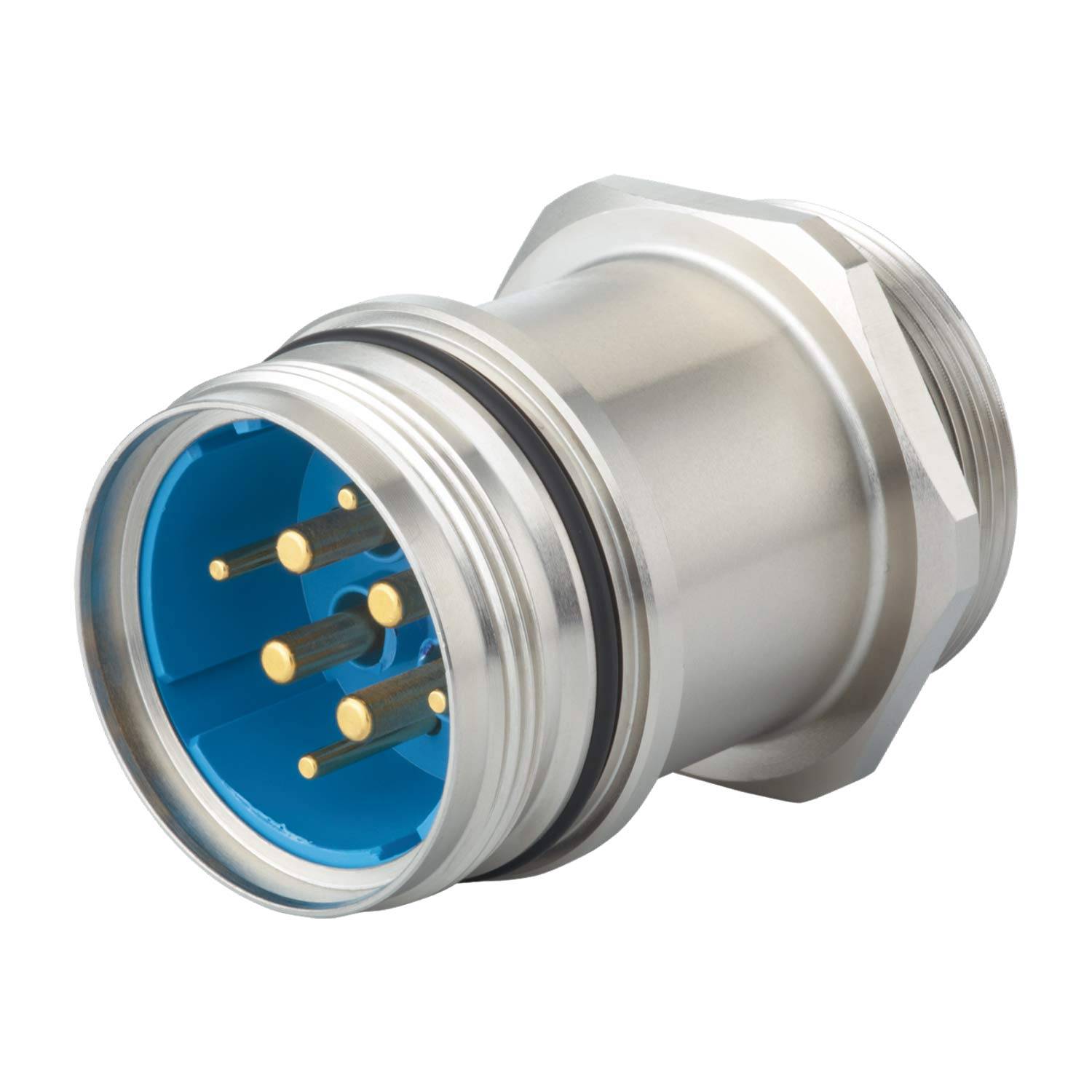 Ein metallischer elektrischer Steckverbinder mit blauem Innenraum und mehreren Goldpins, konzipiert zum Sichern und Leiten elektrischer Verbindungen.