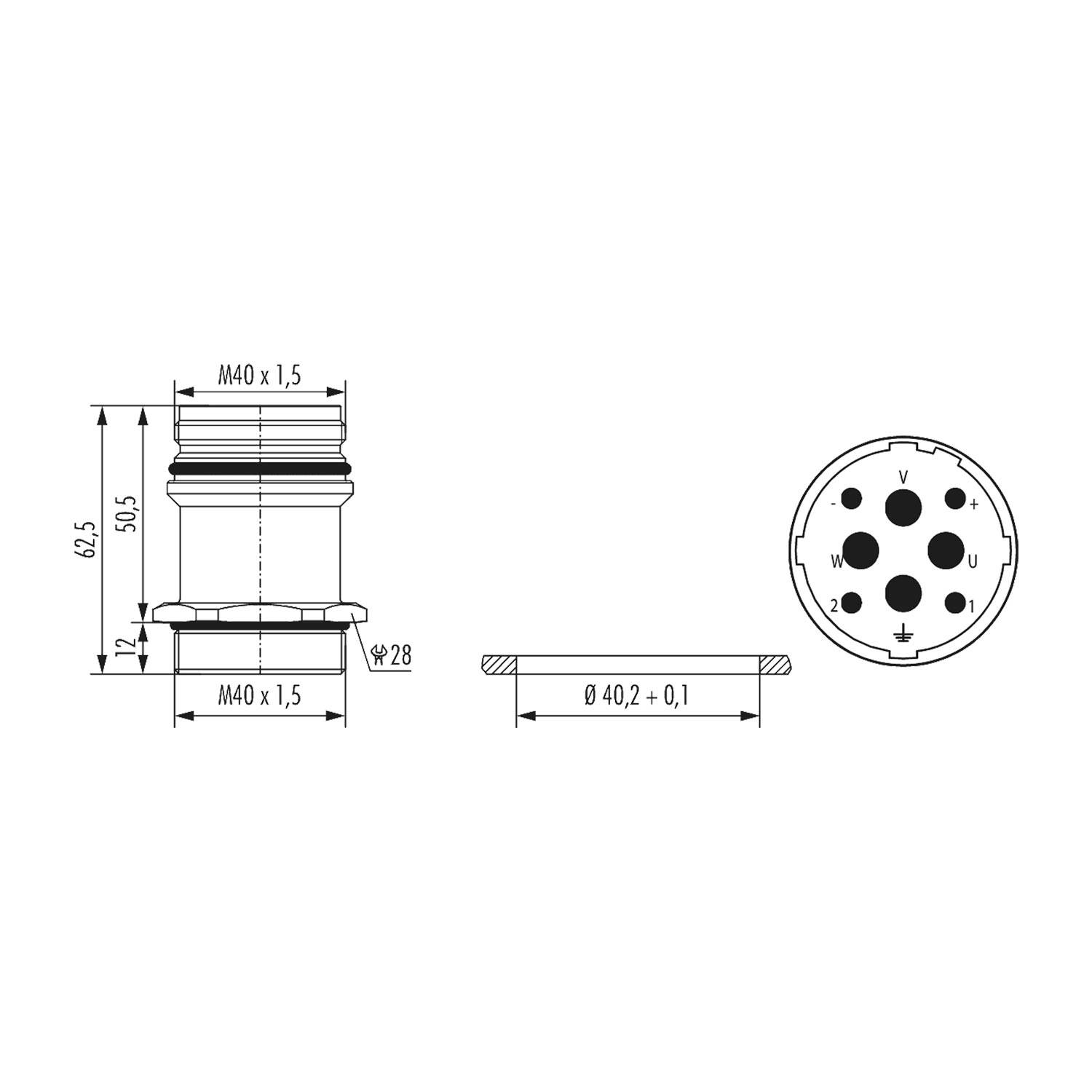 Technische Zeichnung eines zylindrischen Verbinders, Seiten- und Frontansicht. Abmessungen: 62,5 mm Höhe, 40 mm Durchmesser, beschriftete Stifte nummeriert.