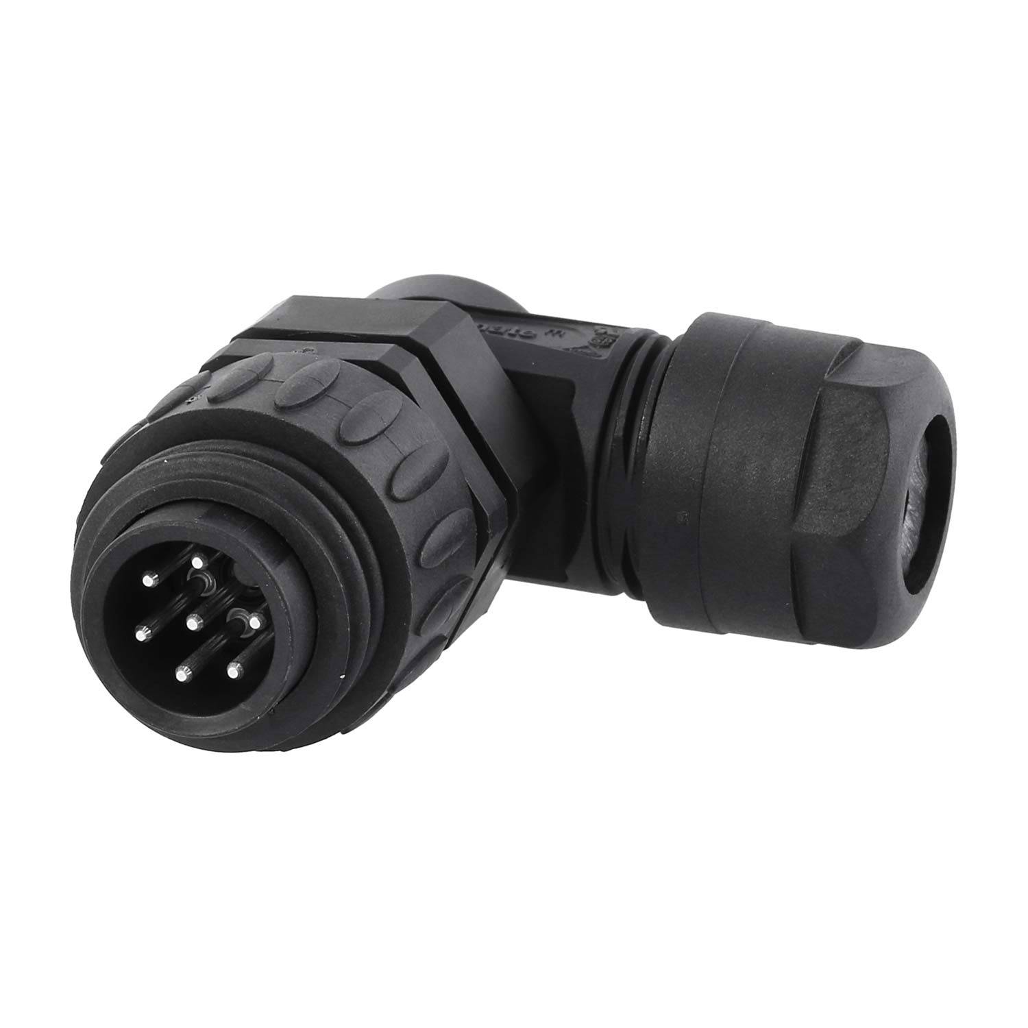 Ein schwarzer 90-Grad-Winkel-5-Pin-wasserdichter Verbinder mit robuster Konstruktion, geeignet für Außen- oder industrielle elektrische Anschlüsse.