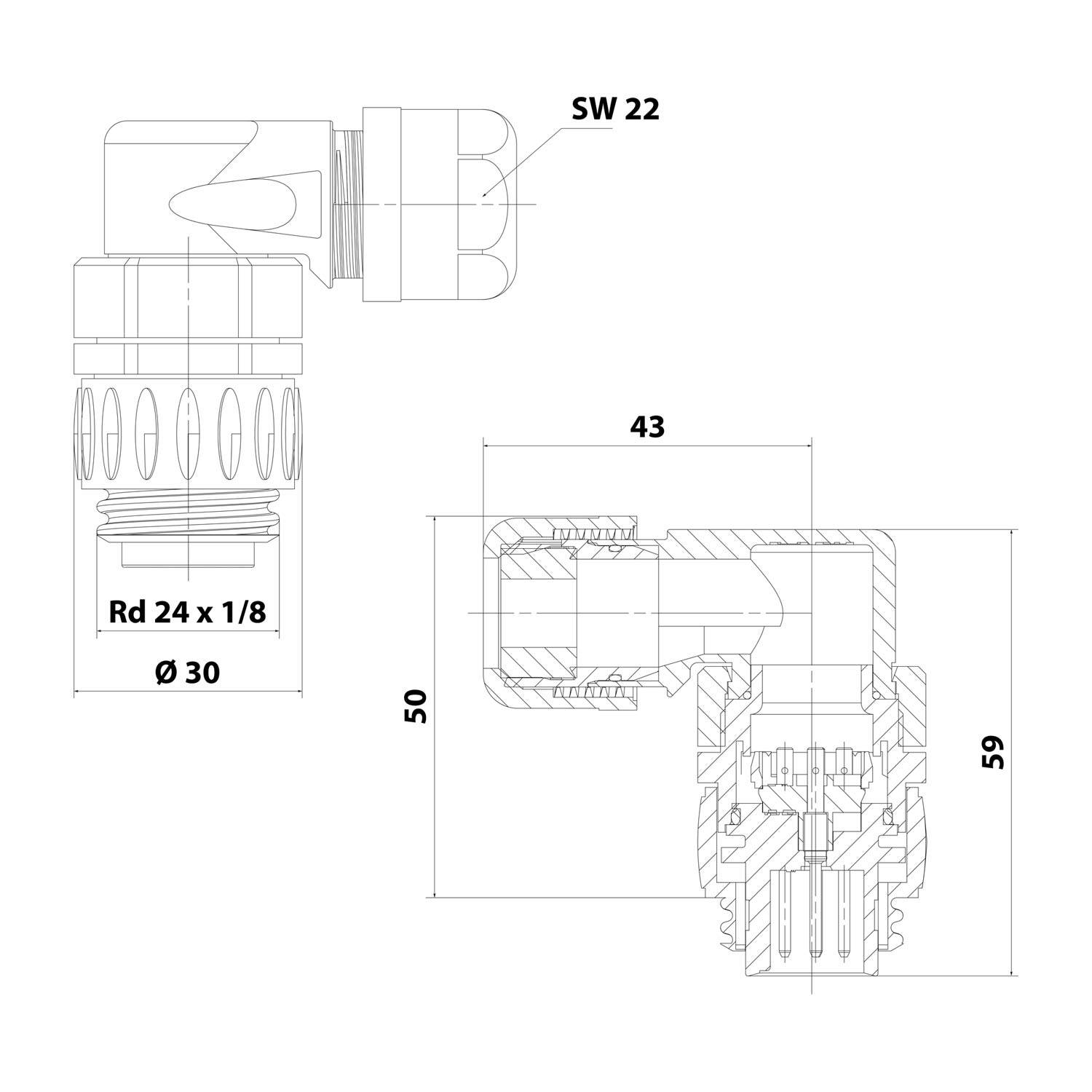 Technische Zeichnung eines Rohrbogenadapters mit Maßen: 50 mm und 59 mm Länge, 43 mm Breite. Durchmesser 30 mm, Gewinde Rd 24 x 1/8, und SW 22.