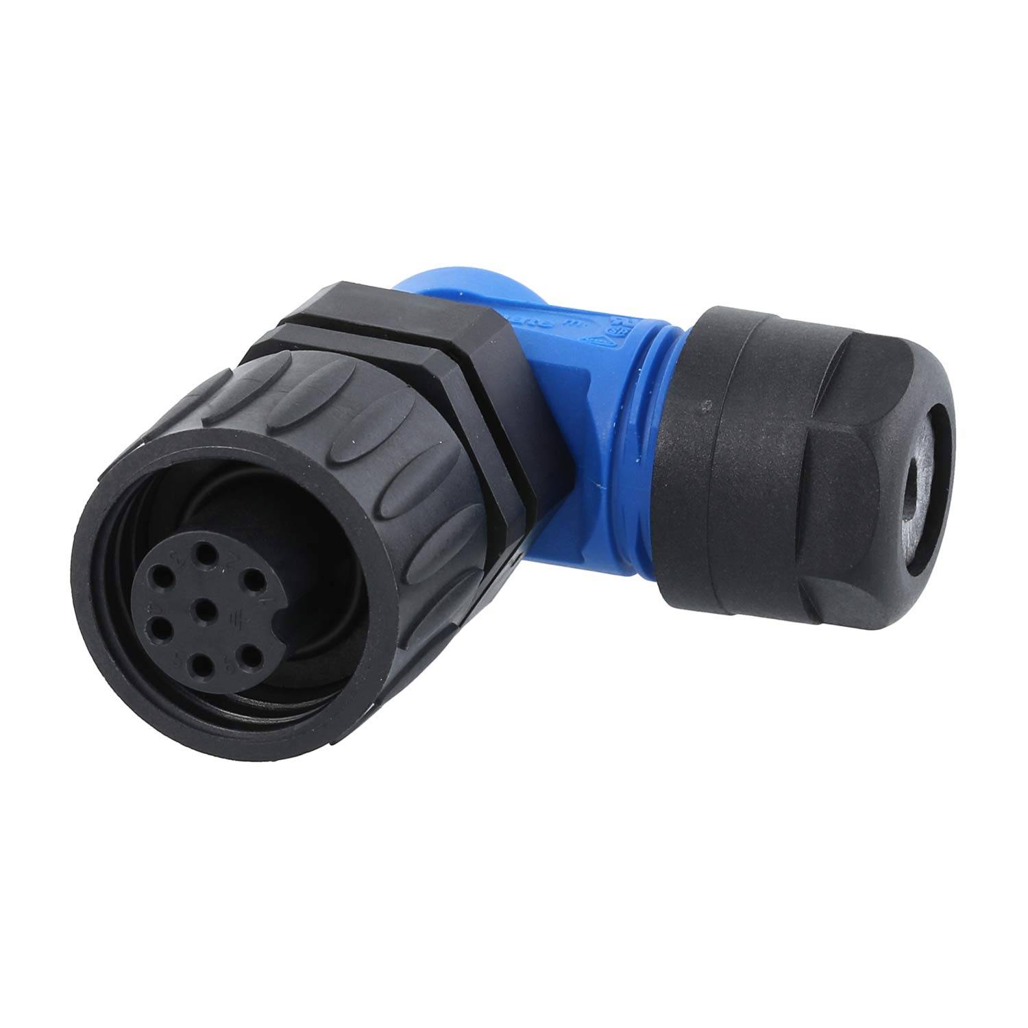 Ein blauer und schwarzer industrieller Elektroverbinder mit mehreren Steckdurchführungen, der eine 90-Grad-Ellbogen-Konstruktion aufweist.