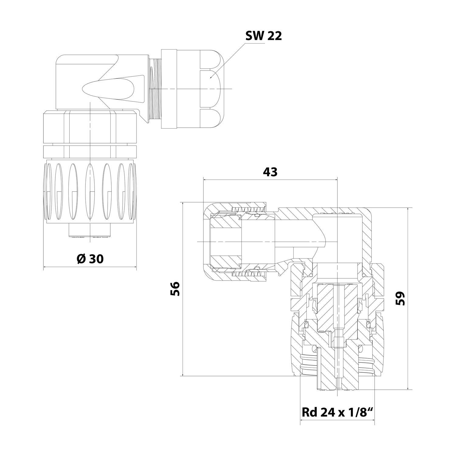 Technische Zeichnung eines Sanitärventil-Verbindungsstücks mit Maßen: Durchmesser 30 mm, Länge 43 mm, Höhe 56 mm und 59 mm. Beschriftung 'SW 22' und Gewinde 'Rd 24 x 1/8'''.