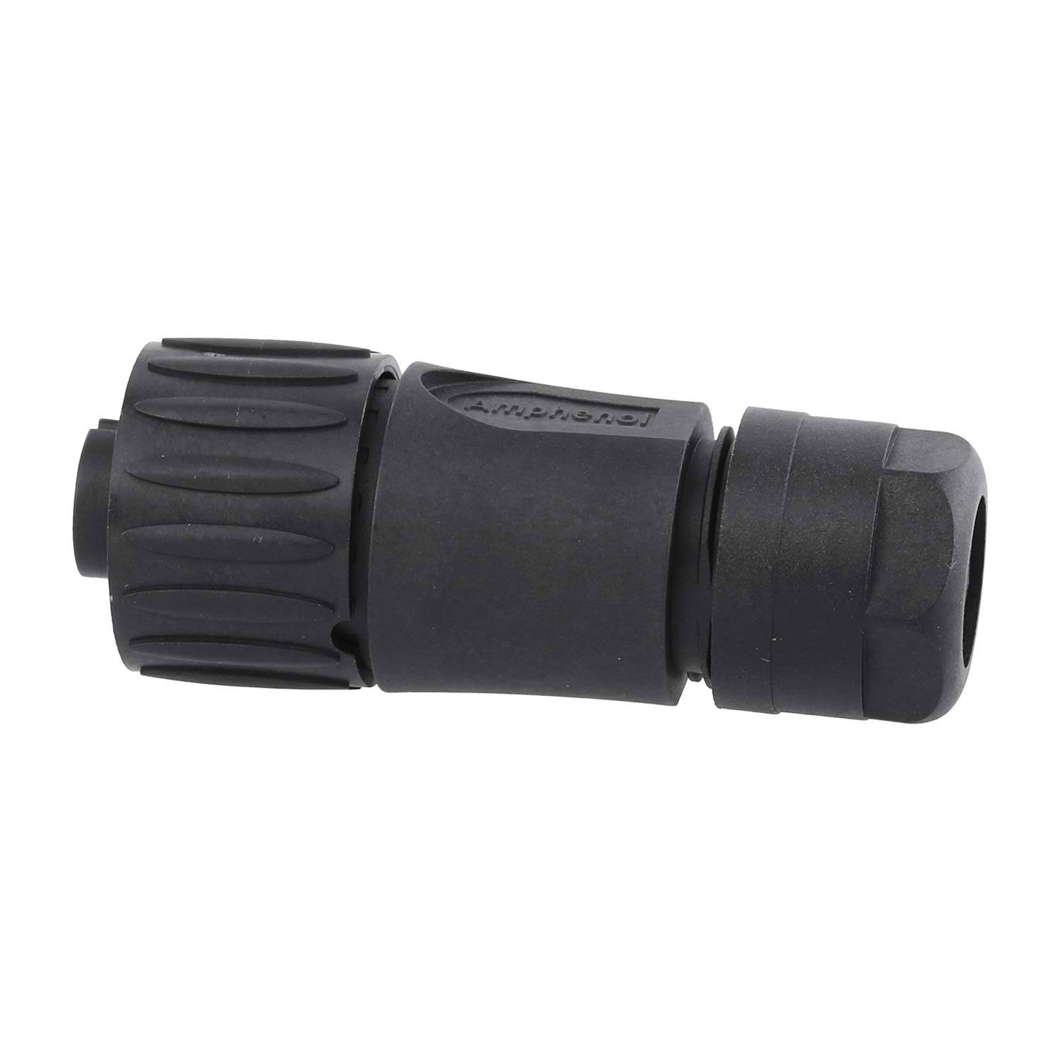 Ein schwarzer zylindrischer Kabelstecker mit geripptem Griff und der Aufschrift 'Amphenol', der für elektrische Verbindungen verwendet wird.