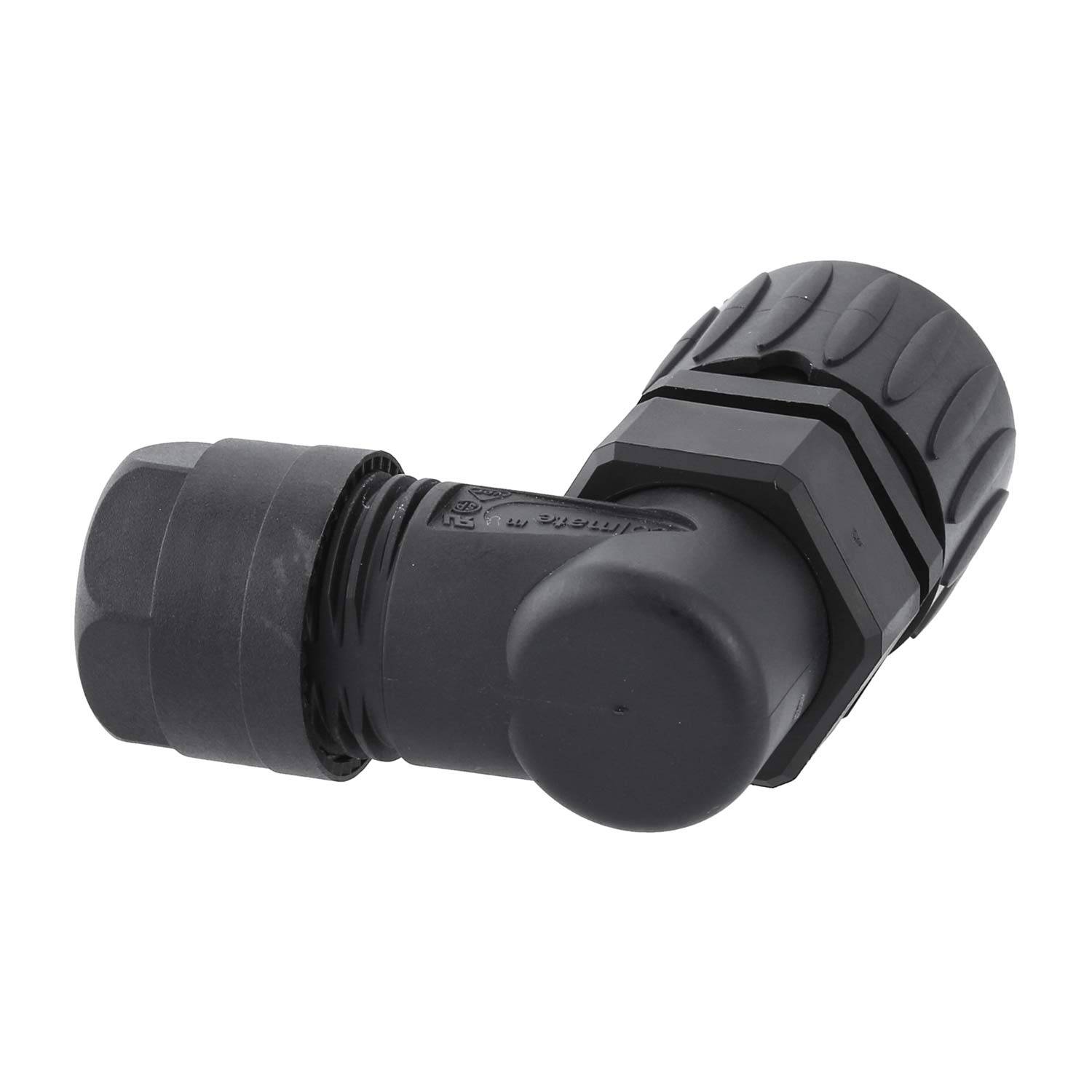 Ein schwarzer Winkel-Kabelverschraubungsstecker, der seine Gewindeanschlüsse und Sicherungsmutter zeigt, der zum Abdichten und Sichern von Kabeln verwendet wird.