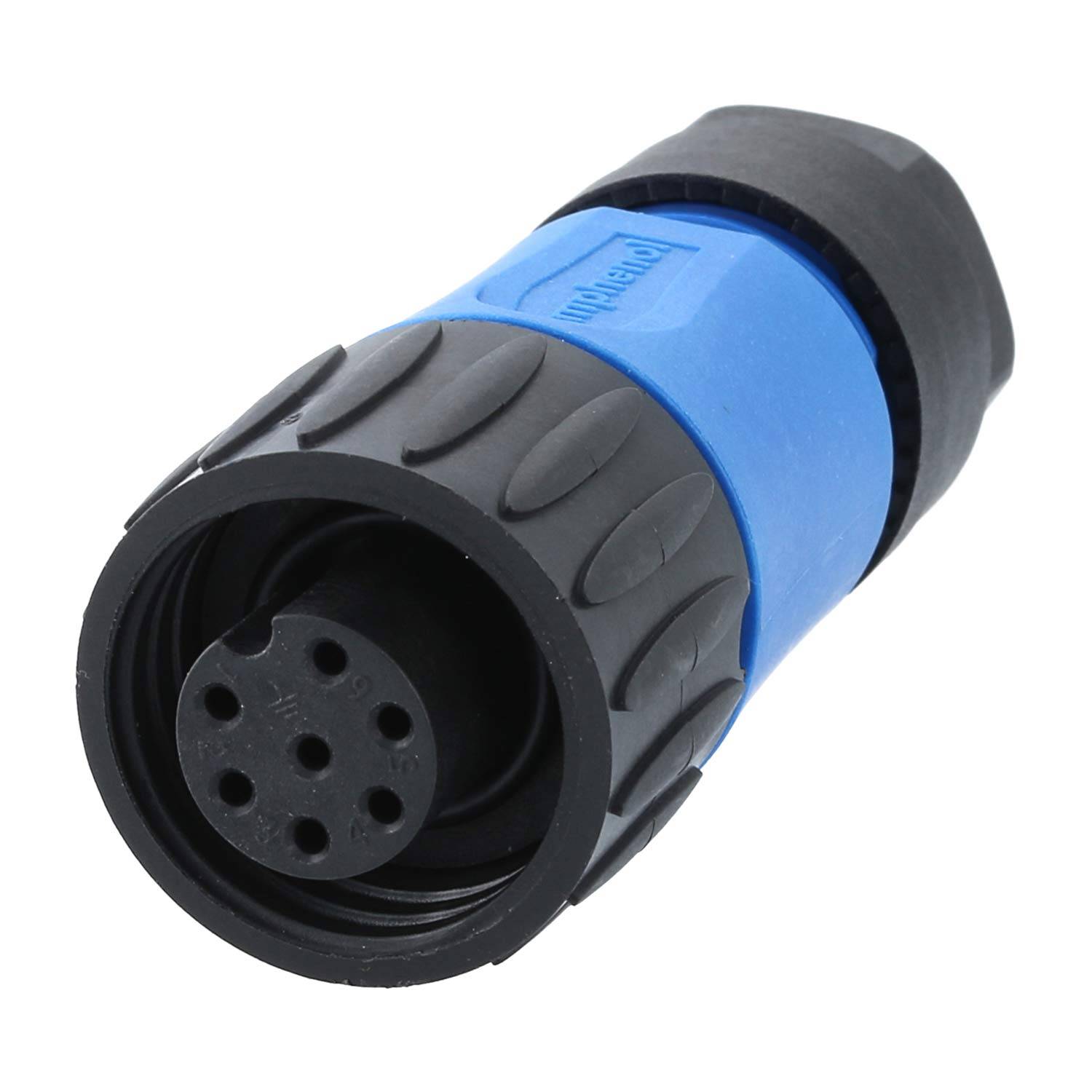 Ein blau-schwarzer kreisförmiger elektrischer Stecker mit mehreren Anschlüssen, der für sichere elektrische Verbindungen in verschiedenen Geräten verwendet wird.