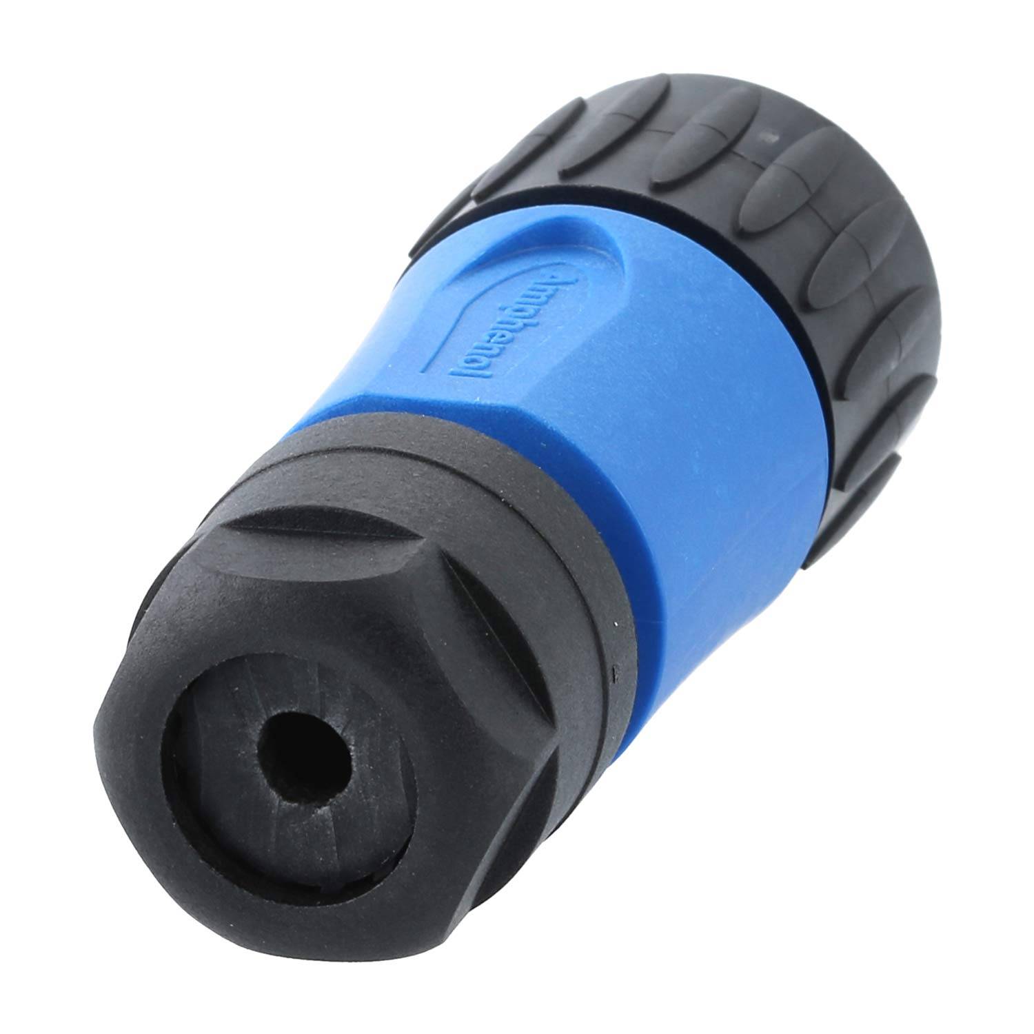 Ein blau-schwarzer Schlauchverbinder mit gerippter Halterung und zylindrischer Form, der für einfache Befestigung an Gartenschläuchen entwickelt wurde.