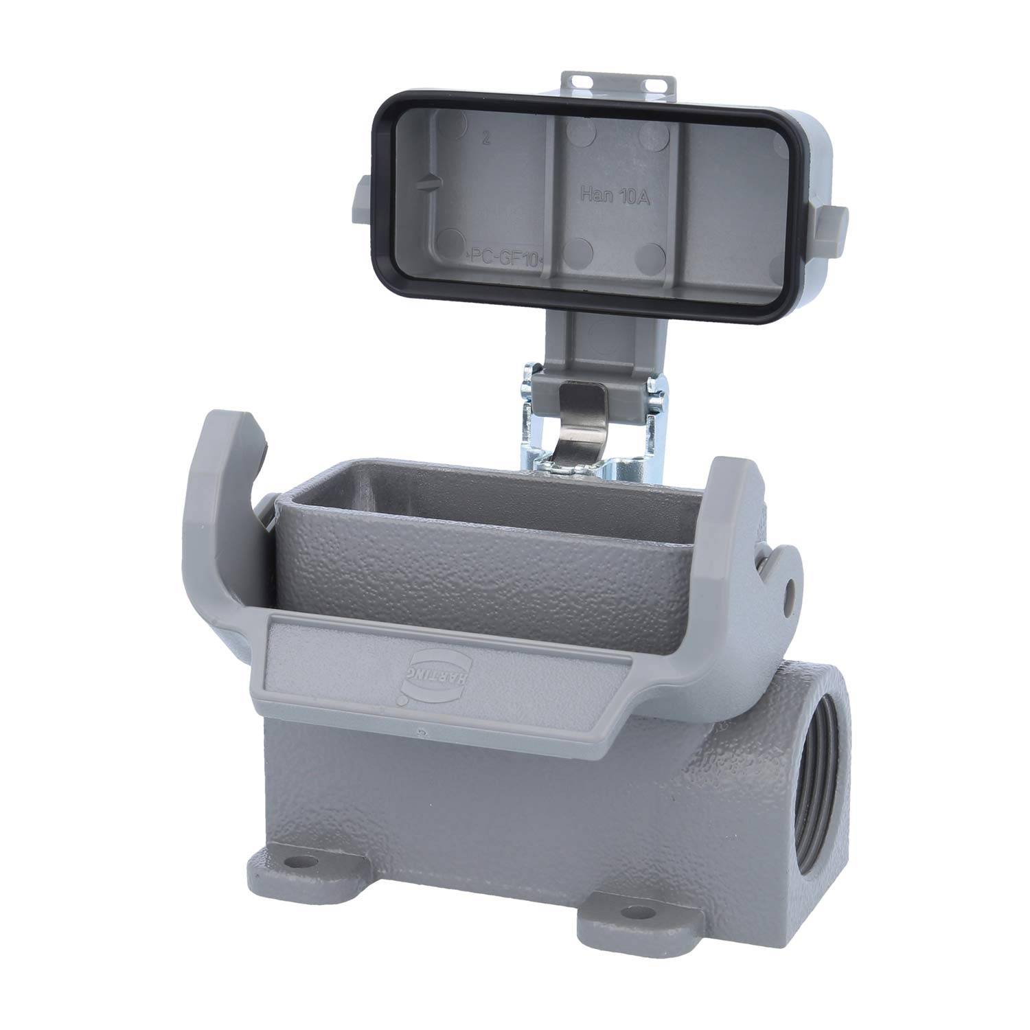 Ein grau metallfarbenes Anschlussgehäuse mit einem aufgeklappten Deckel, der das rechteckige Innere freilegt, das für elektrische oder industrielle Anwendungen konzipiert ist.