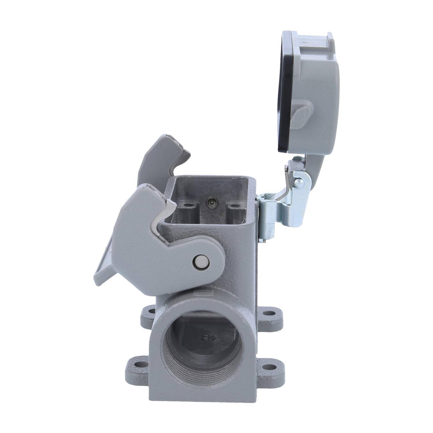 Ein grauer, metallischer Industrieverbinder mit einer offenen, gegliederten Schutzabdeckung und Schraublöchern an der Basis zur Befestigung.