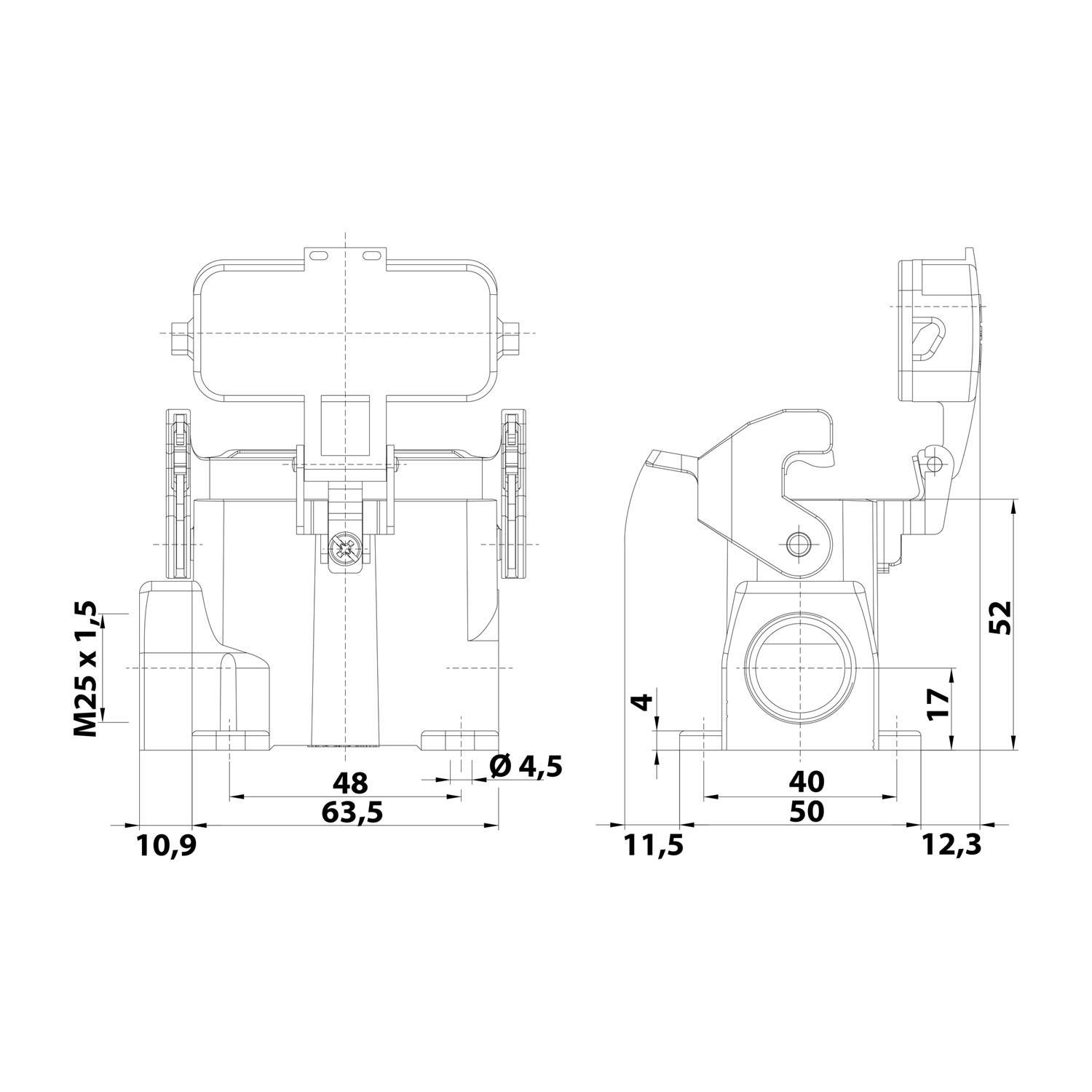 Technische Zeichnung eines mechanischen Bauteils mit Abmessungen. Merkmale umfassen eine beschriftete Breite von 63,5, eine Höhe von 52 und verschiedene Durchmesser.