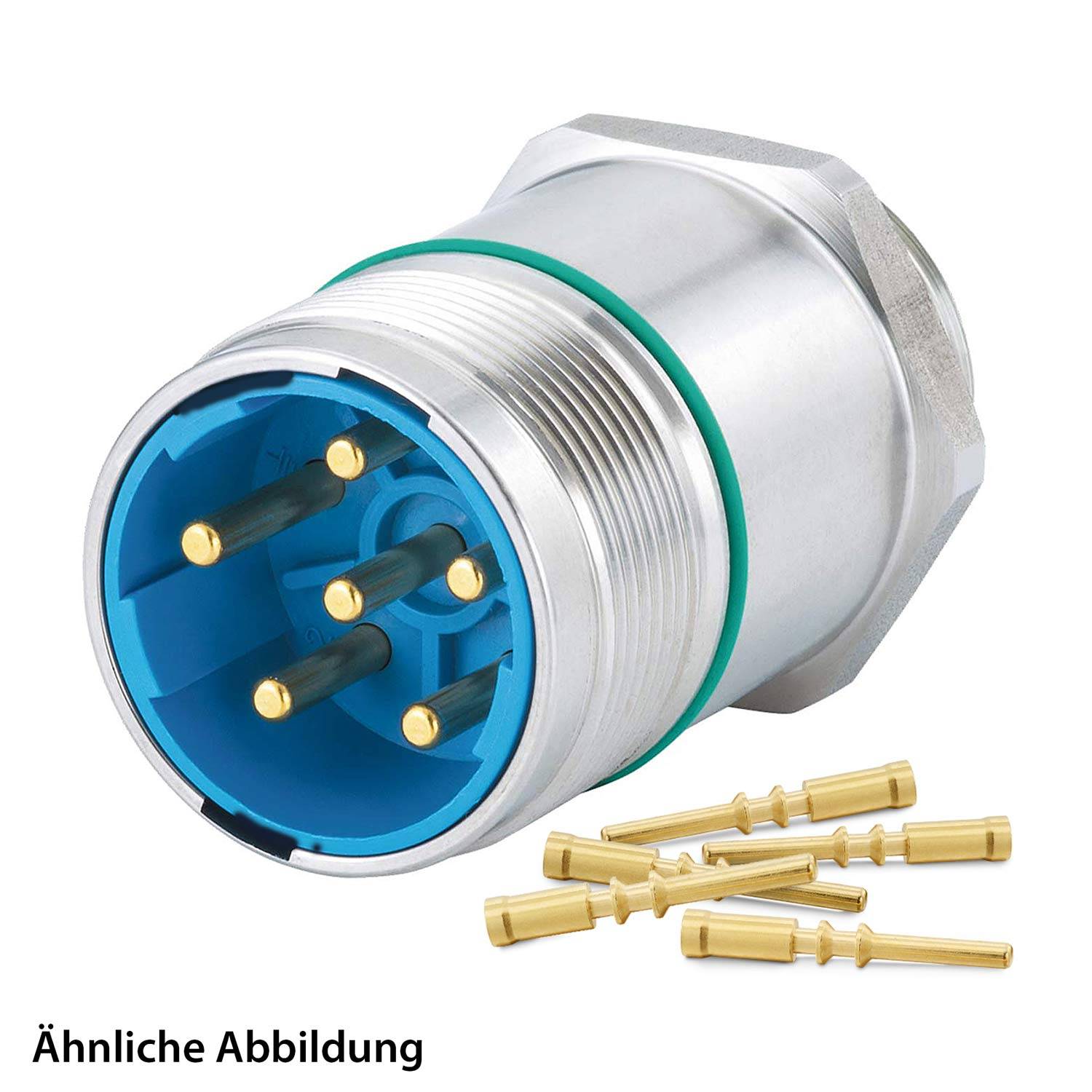Ein metallischer zylindrischer Anschluss mit mehreren Goldstiften und blauem Innenraum. Sechs zusätzliche Goldstifte sind unten dargestellt. Text lautet 'Ähnliche Abbildung'.