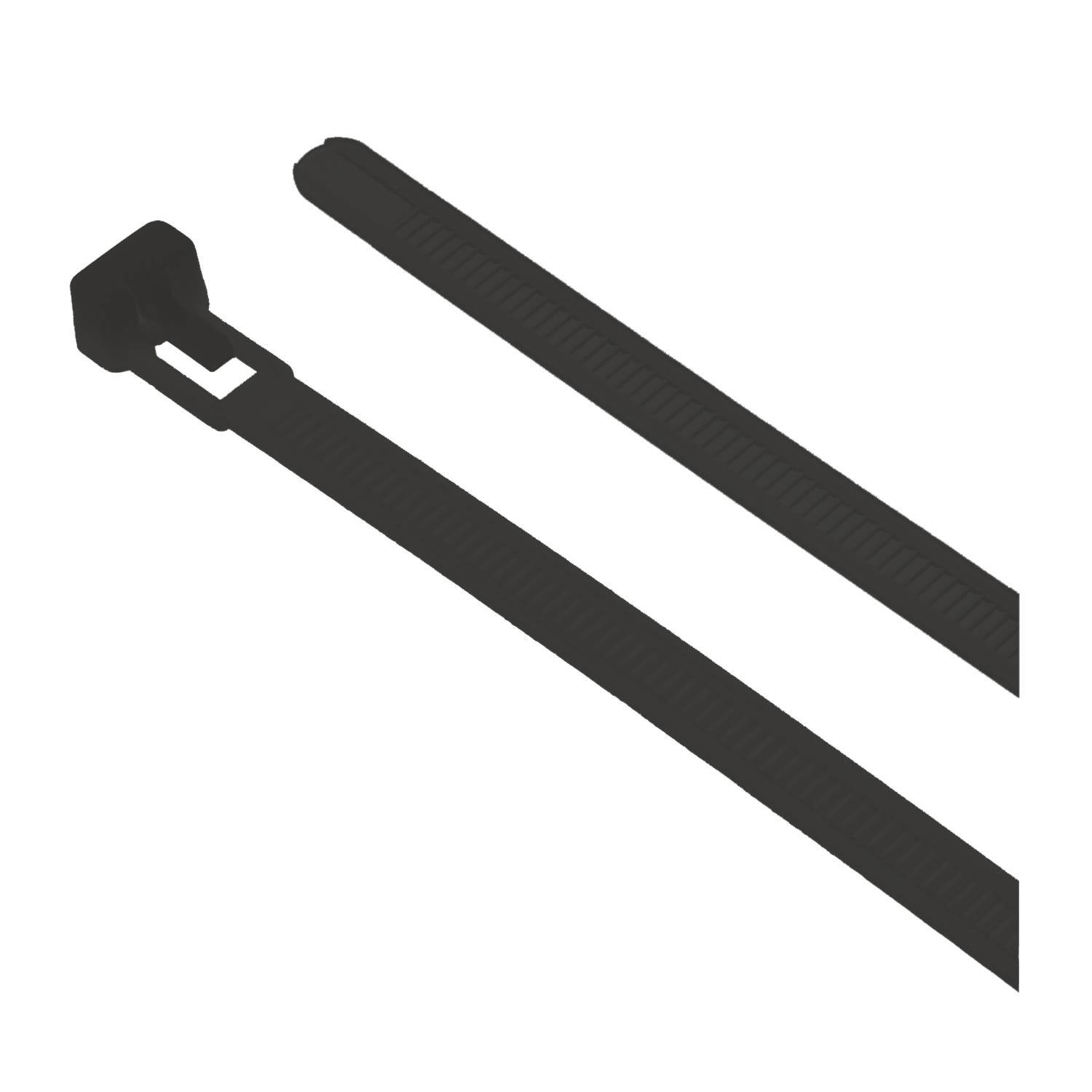 Zwei schwarze Kabelbinder, einer mit einem Verschlusskopf und der andere mit sichtbarem gezahntem Design.