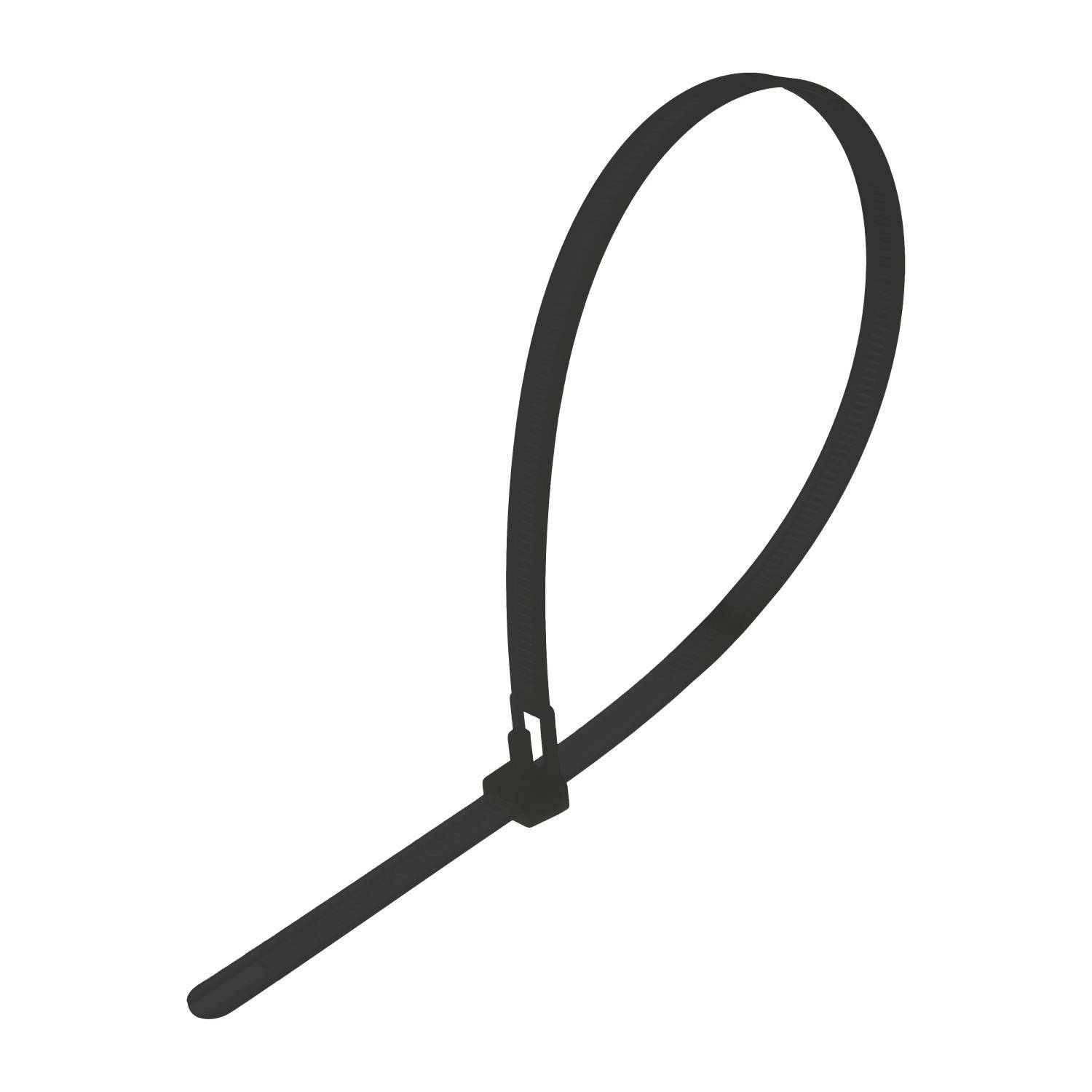 Eine schwarze Kabelbinder in einer offenen Schleifenposition vor einem weißen Hintergrund.