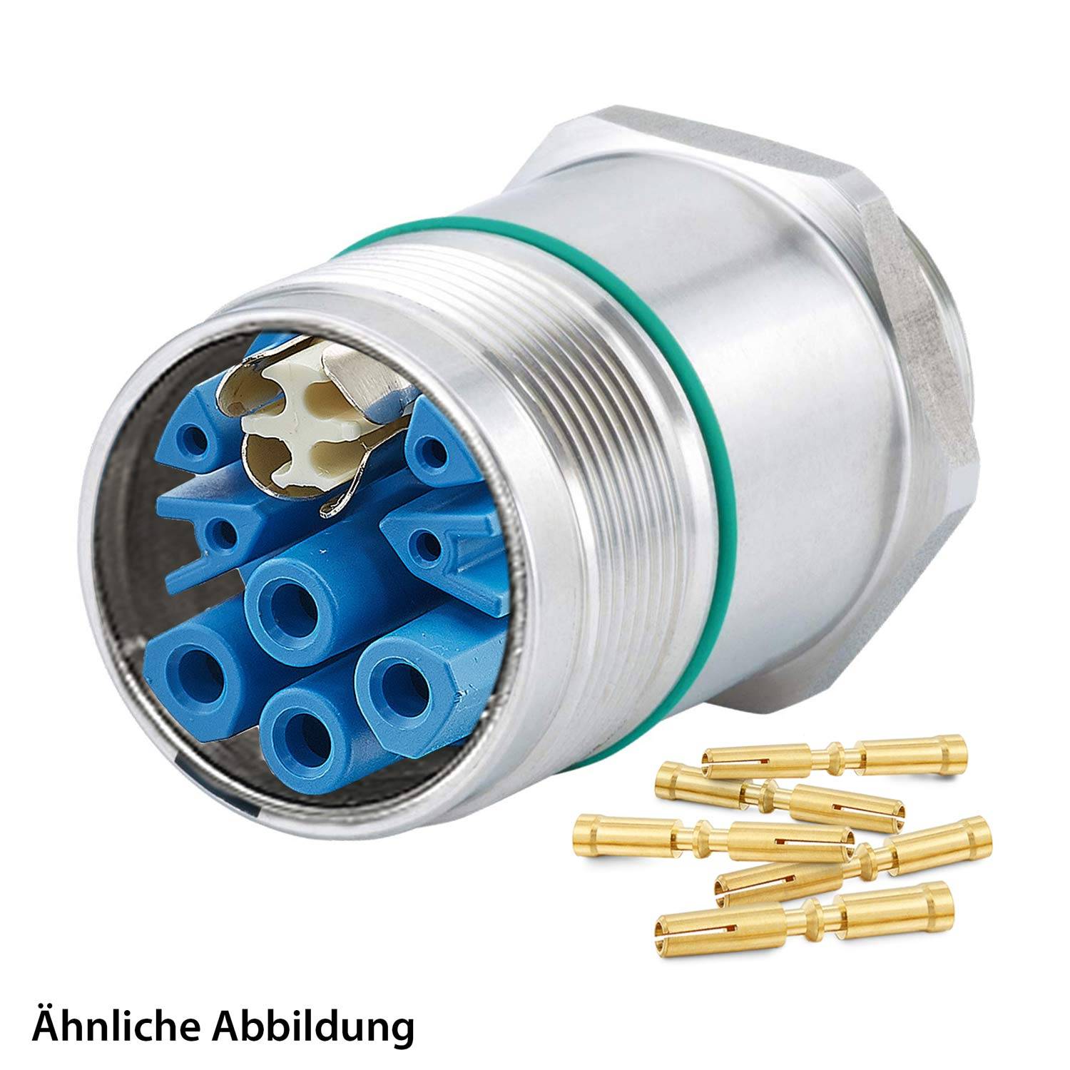 Ein Metall-Industrieanschluss mit blauen Innenkomponenten, zusammen mit mehreren goldenen Elektrischen Kontakten dargestellt, mit der Bezeichnung „Ähnliche Abbildung.