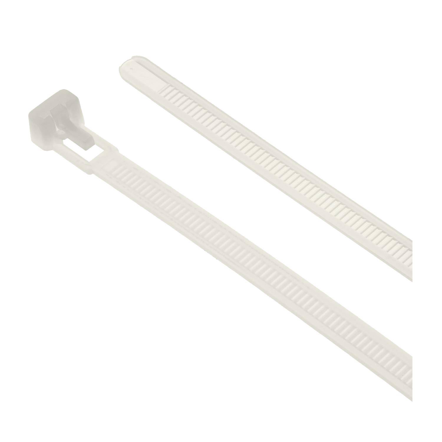 Zwei weiße Plastikkabelbinder, einer geschlossen und einer offen, die die gezahnte Oberfläche und den Verschließmechanismus zeigen.