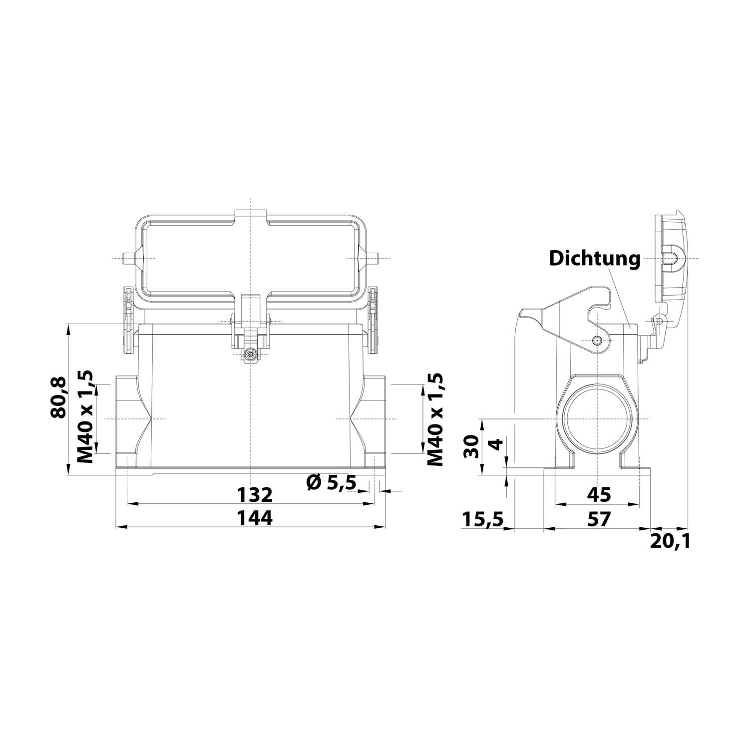 05300240280 HARTING Han 24B Sockelgehäuse hoch, 2xM40 seitlicher Kabelabgang, mit 1 Längsbügel mit Schutzkappe