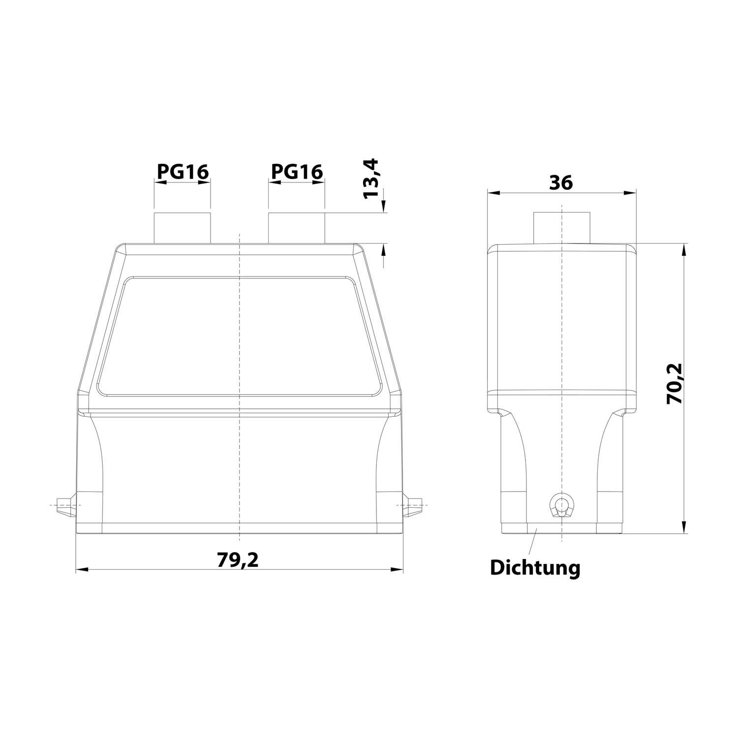 Technische Zeichnung mit Abmessungen einer Komponente: Höhe 70,2 mm, Breite 79,2 mm, Tiefe 36 mm. Beschriftungen umfassen 'PG16', 'Dichtung'.