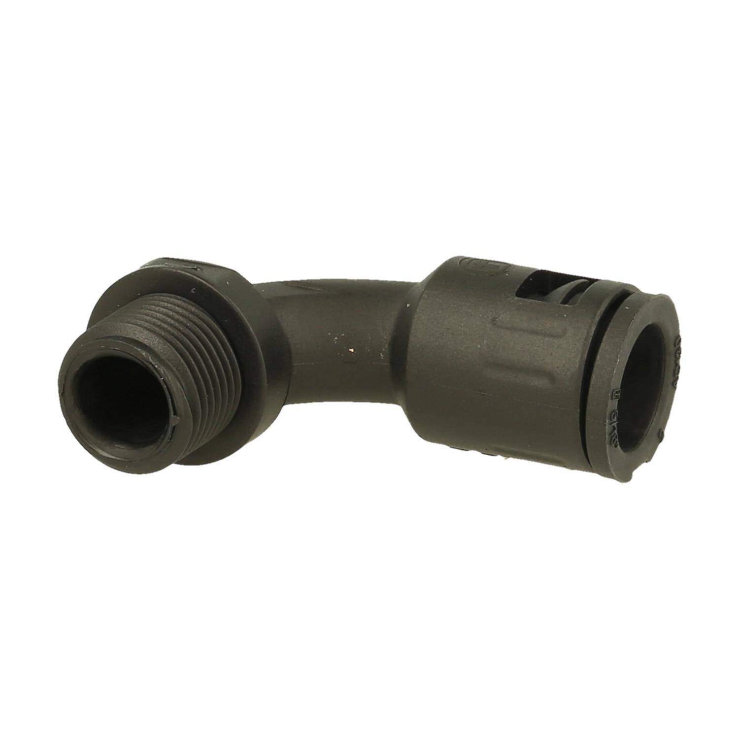 Ein schwarzer Kunststoff-Rohrbogen liegt vor einem einfarbigen weißen Hintergrund.