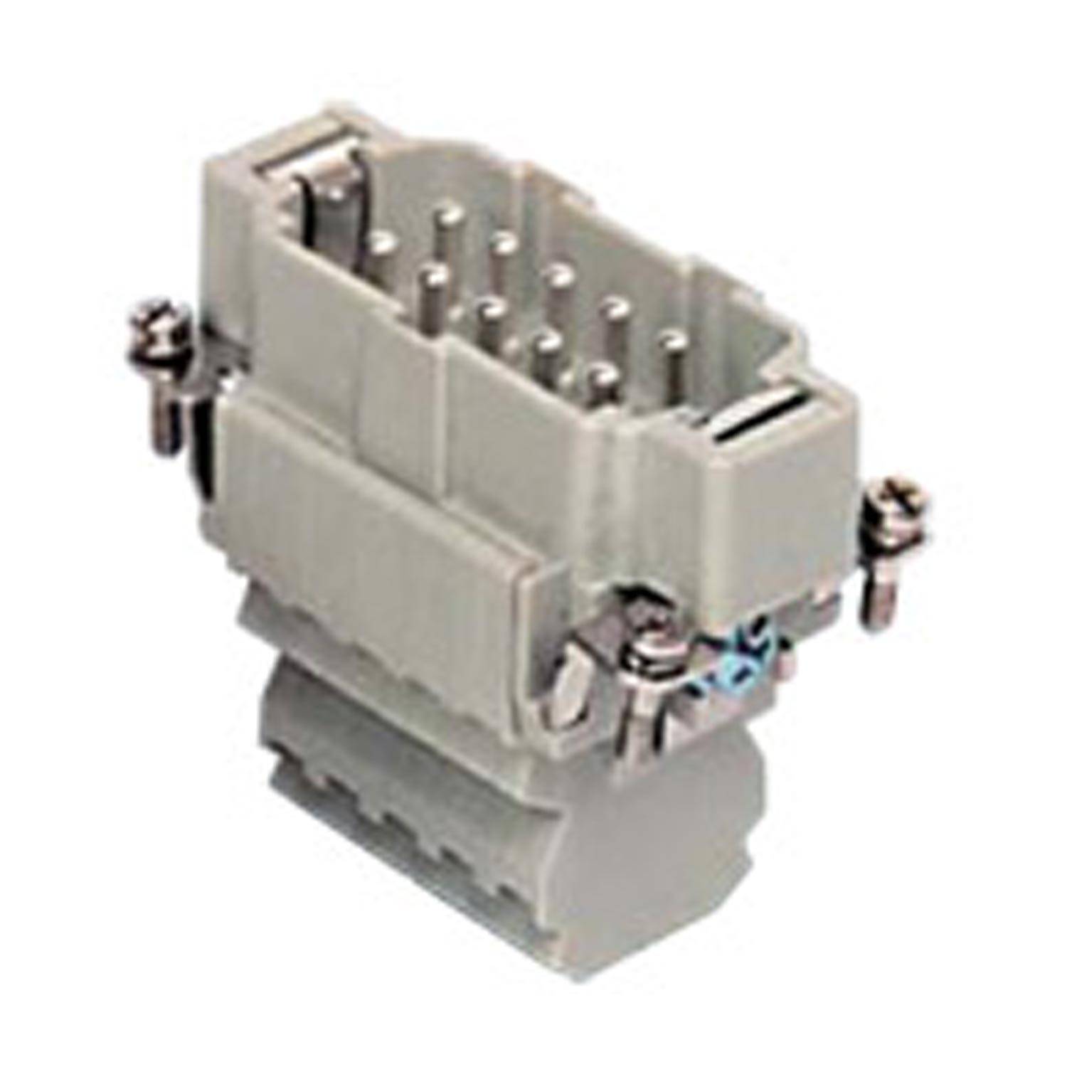 Ein grauer elektrischer Steckverbinder mit mehreren Pins, der durch Metallschrauben an den Seiten gesichert wird und für industrielle oder elektronische Anwendungen verwendet wird.