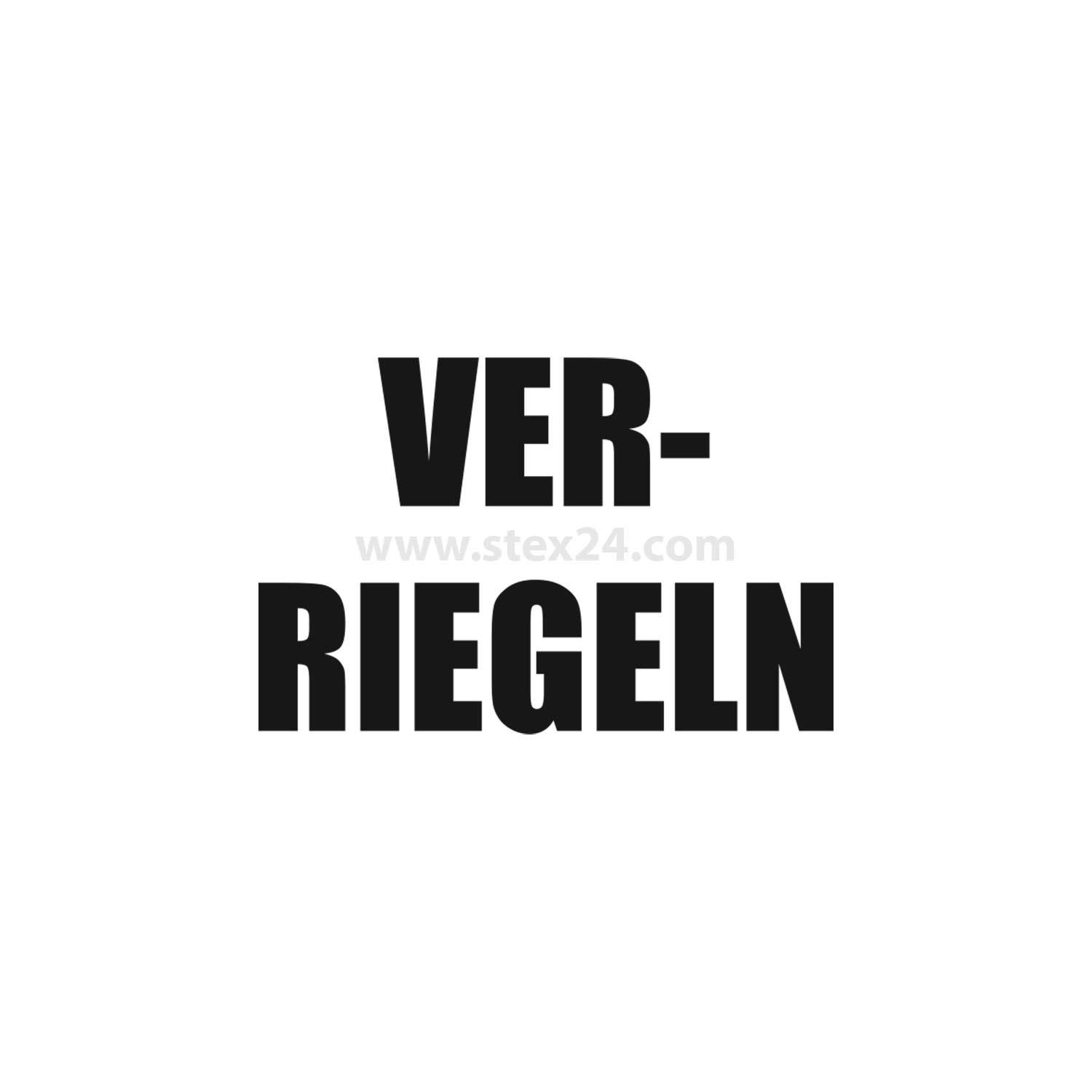 Das Bild zeigt das deutsche Wort 'VERRIEGELN' in fetten, schwarzen Großbuchstaben auf einem weißen Hintergrund.