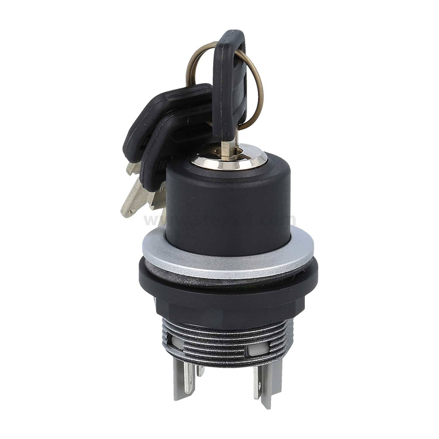 Ein schwarzer und silberner Schlüsselschalter mit einem Satz Schlüsseln, der eingesteckt ist. Der Schalter verfügt über zwei Metallstifte am unteren Ende für elektrische Verbindungen.