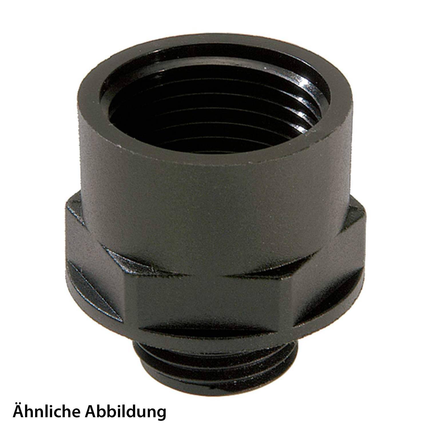 Eine schwarze Kunststoff-Schraubkappe mit Innengewinde, die vor einem weißen Hintergrund dargestellt ist. Die Bildunterschrift lautet „Ähnliche Abbildung