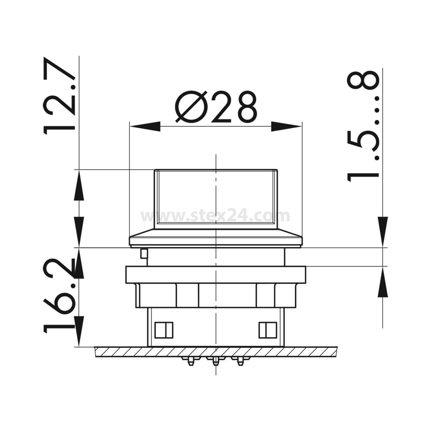 Technische Zeichnung eines runden Knopfes, 28 mm Durchmesser und 16,2 mm Höhe, mit beschrifteten Abmessungen.