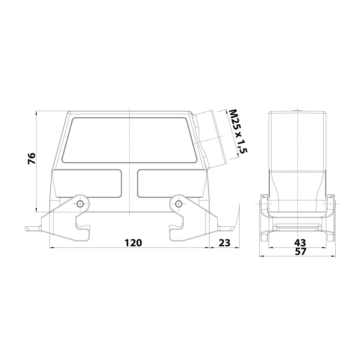 Technische Zeichnung eines rechteckigen Geräts mit Abmessungen: Breite 120, Höhe 76, Tiefe 23. Befestigungslöcher: M25 × 1,5, Seitenansicht Breite 43, Tiefe 57.