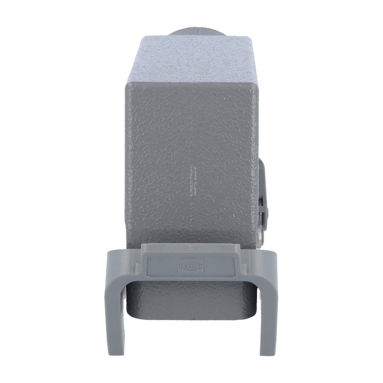 Ein grauer, strukturierter, kastenförmiger Geräteapparat mit einer Frontklammer, von vorne betrachtet. Zweck und Kontext sind allein anhand des Bildes nicht eindeutig erkennbar.