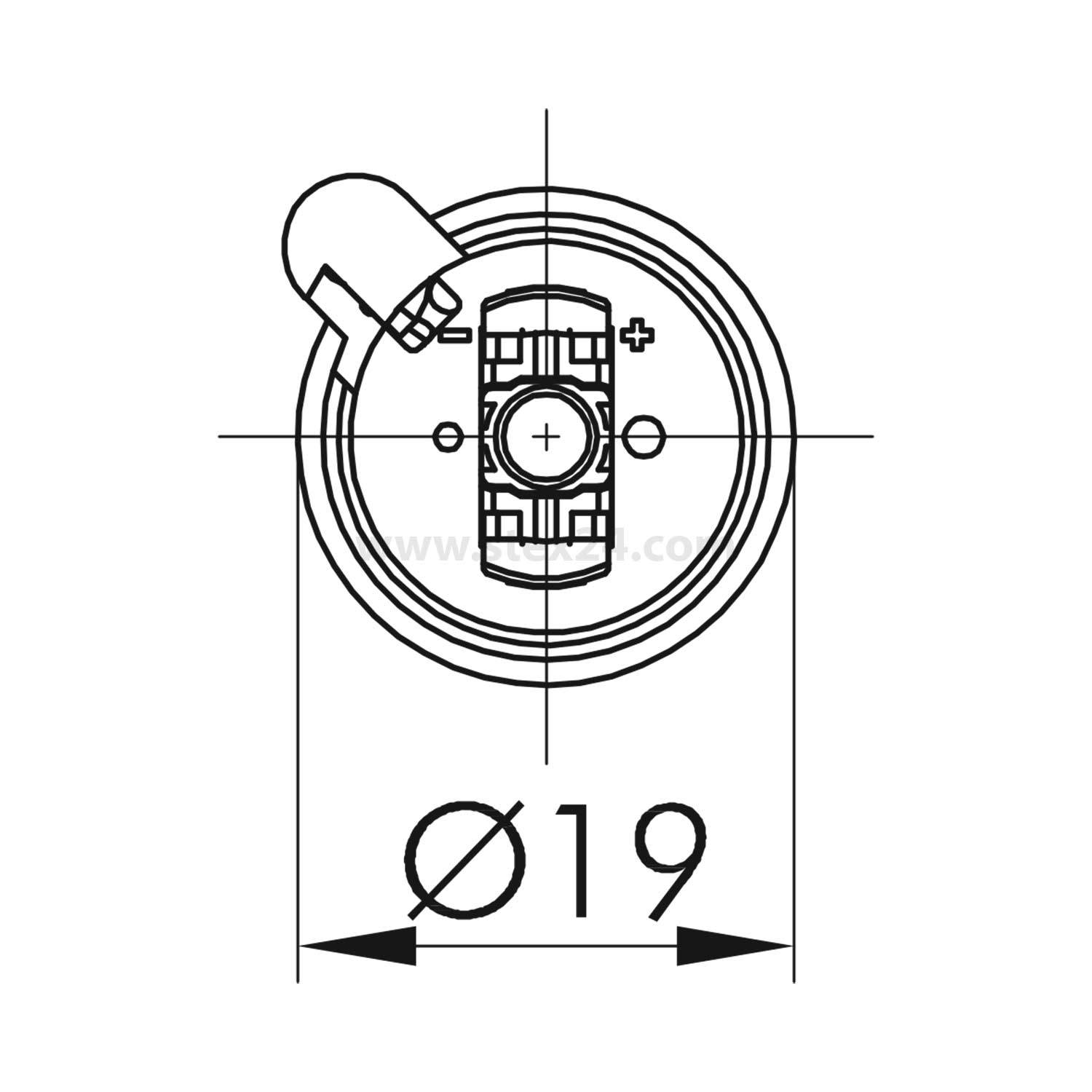 Technische Zeichnung eines zylindrischen Objekts mit einer Nut, seitlicher Markierung '+' und zentralem Kreuz mit angegebenen Dimensionen 'Ø19'.