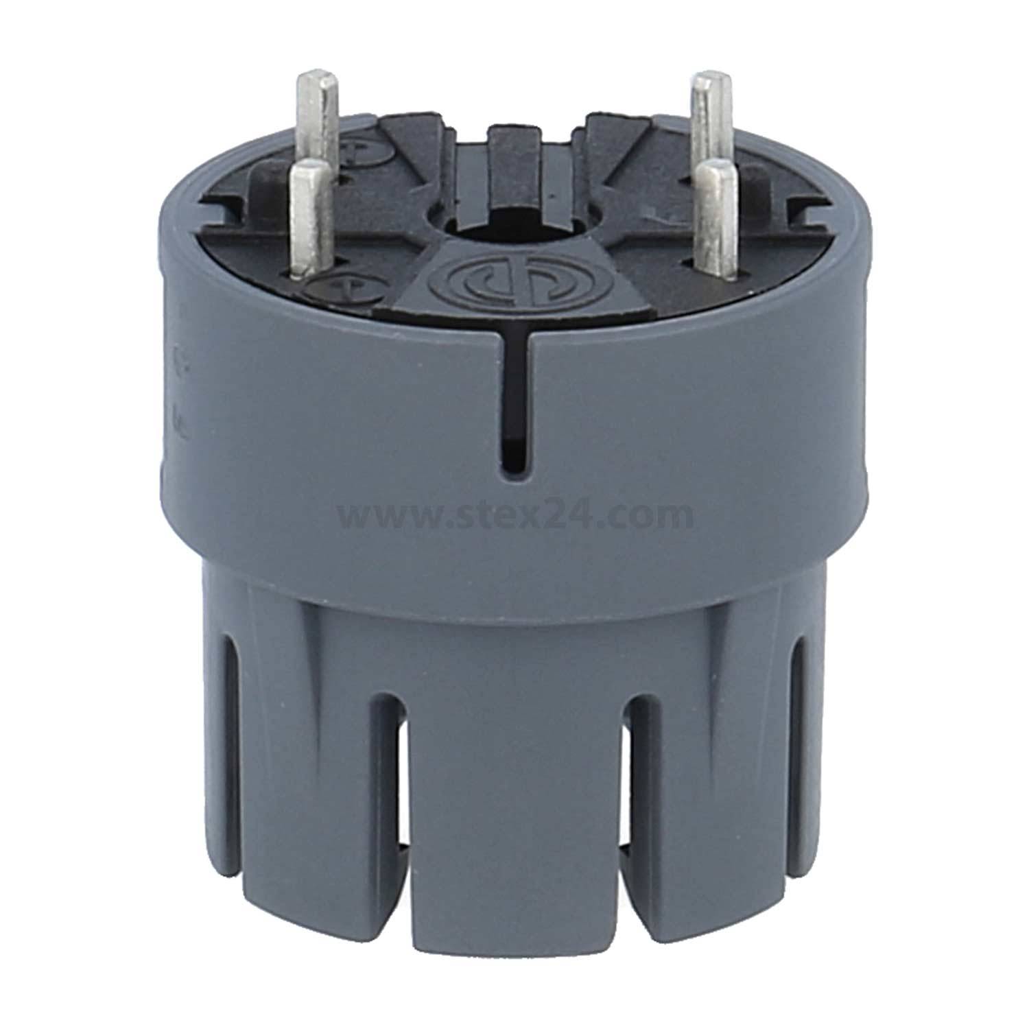 Eine graue zylindrische Steckdose mit fünf Metallstiften oben und einer geschlitzten Basis, die für elektrische Verbindungen verwendet wird.