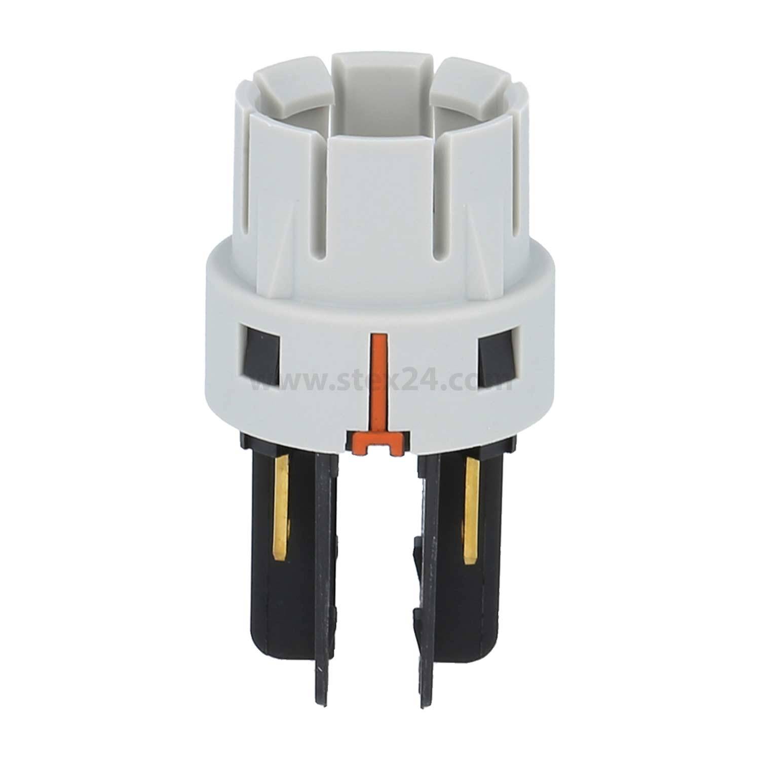 Ein weißer elektrischer Stecker mit zwei schwarzen Kontaktstiften und einem zylindrischen Gehäuse, der zum Sichern und Übertragen elektrischer Signale konzipiert ist.