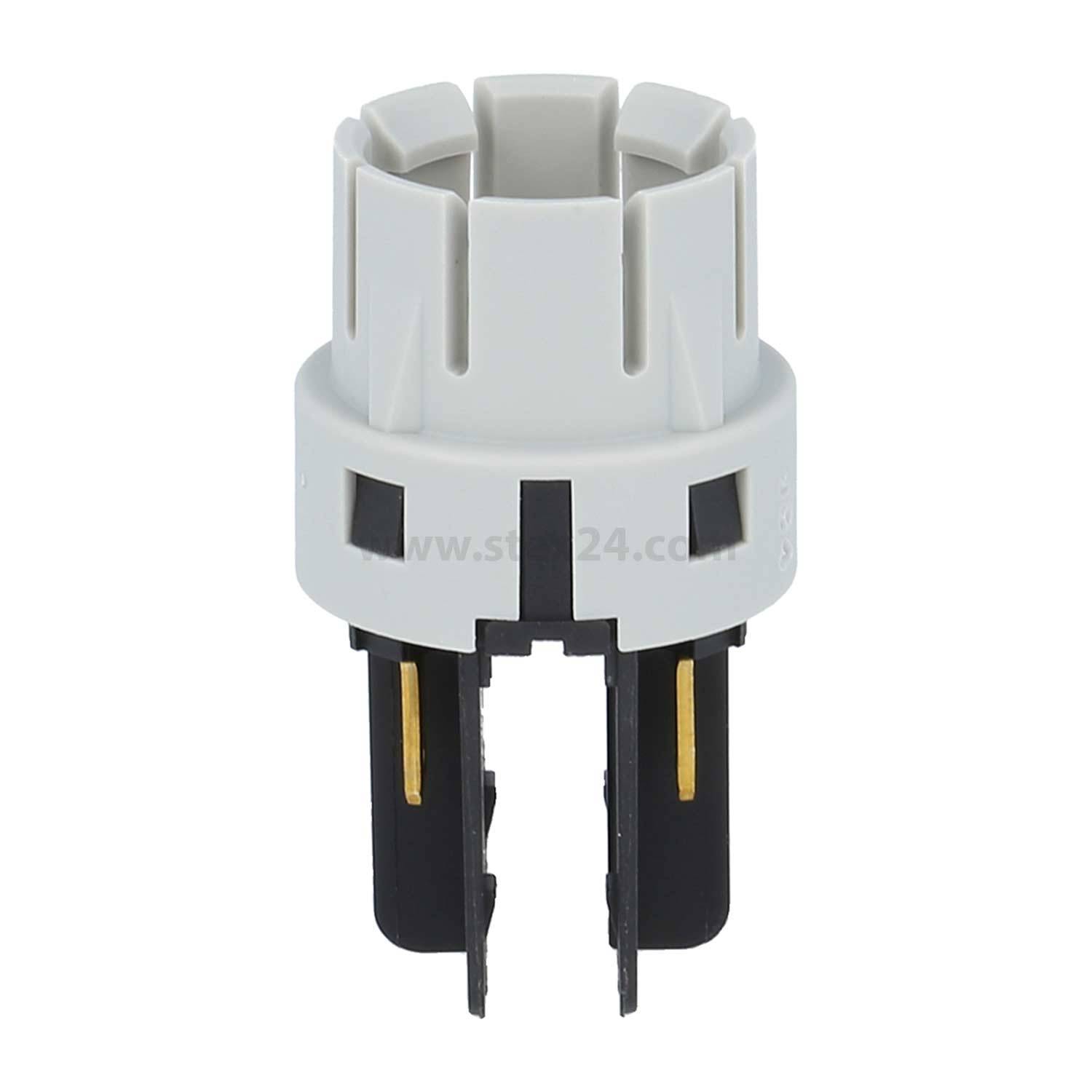 Eine zylindrische weiße Fassung mit zwei schwarzen Stiften und metallischen Kontakten, die häufig als Lampenfassungsadapter verwendet wird.