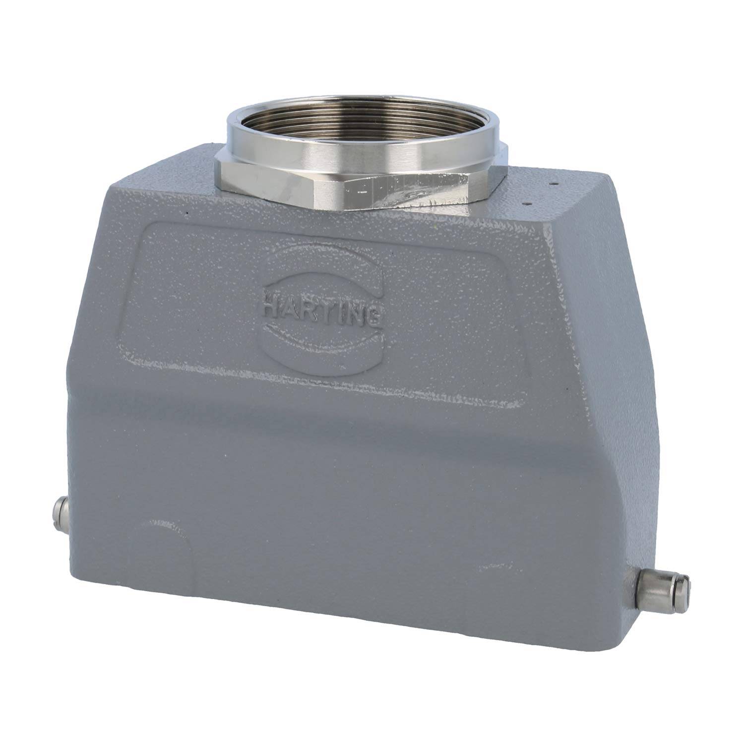 Ein graues, rechteckiges elektrisches Anschlussgehäuse mit Markenmarkierung, ausgestattet mit gesicherten Schrauben und einer verschraubbaren Öffnung an der Oberseite zur Befestigung.