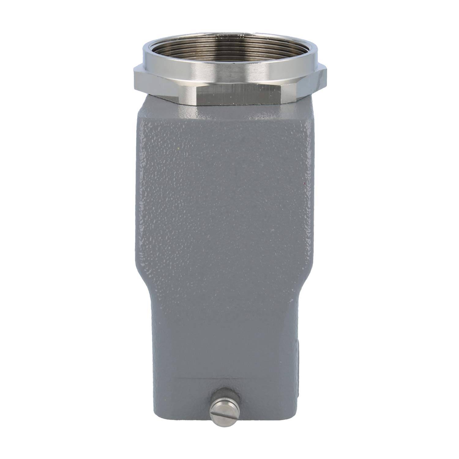Ein grauer industrieller Metallgehäuse mit einer Gewindeoberseite für elektrische oder maschinelle Anwendungen, der eine schützende Verbindungsfunktion bietet.