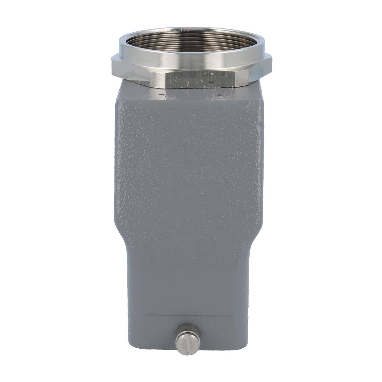 Ein zylindrischer grauer industrieller Anschlussgehäuse mit einem metallischen Gewinde-Deckel, entwickelt für sichere elektrische Kabelverbindungen.