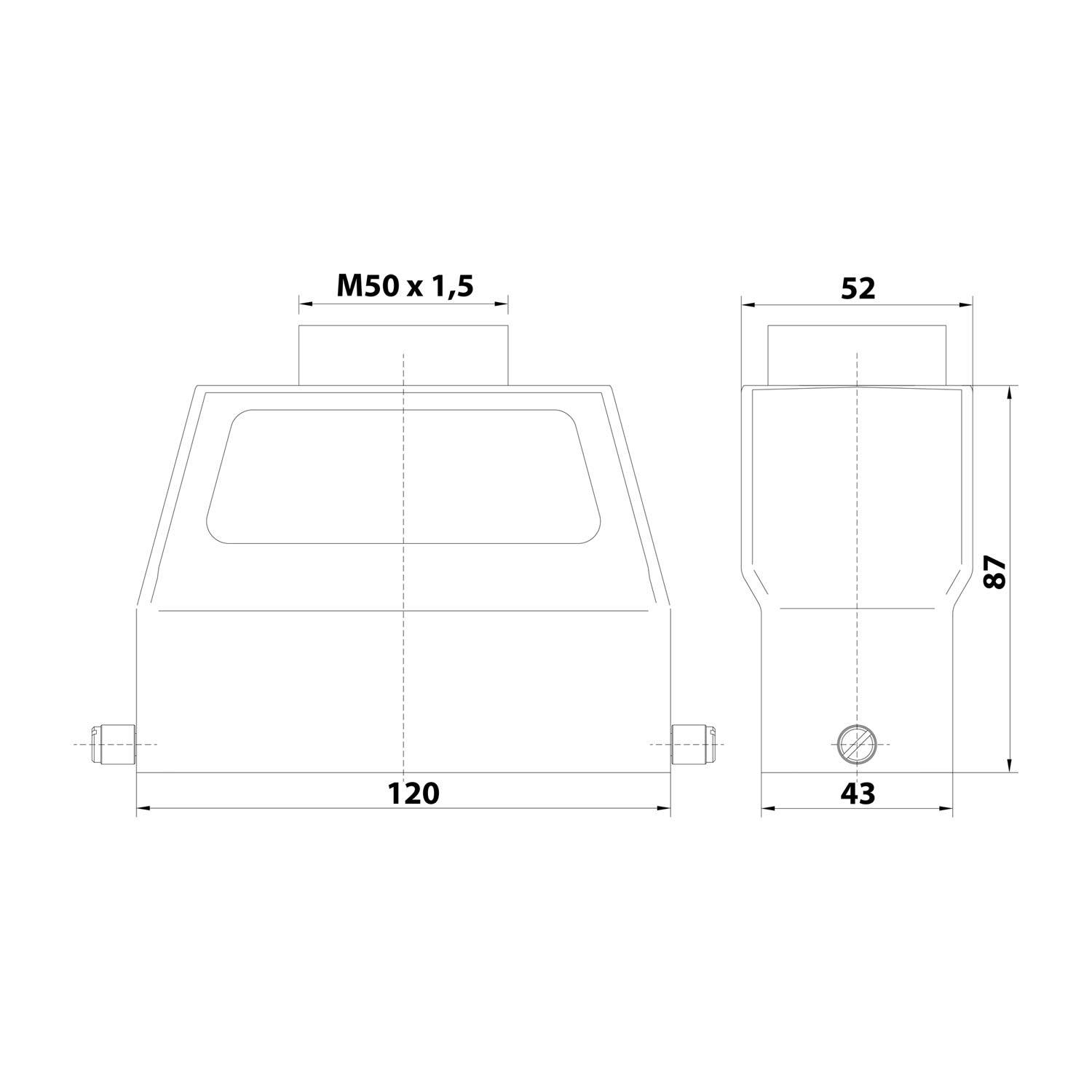 Technische Zeichnung eines rechteckigen Anschlussgehäuses mit beschrifteten Abmessungen: 120 mm Breite, 52 mm Tiefe, 87 mm Höhe.