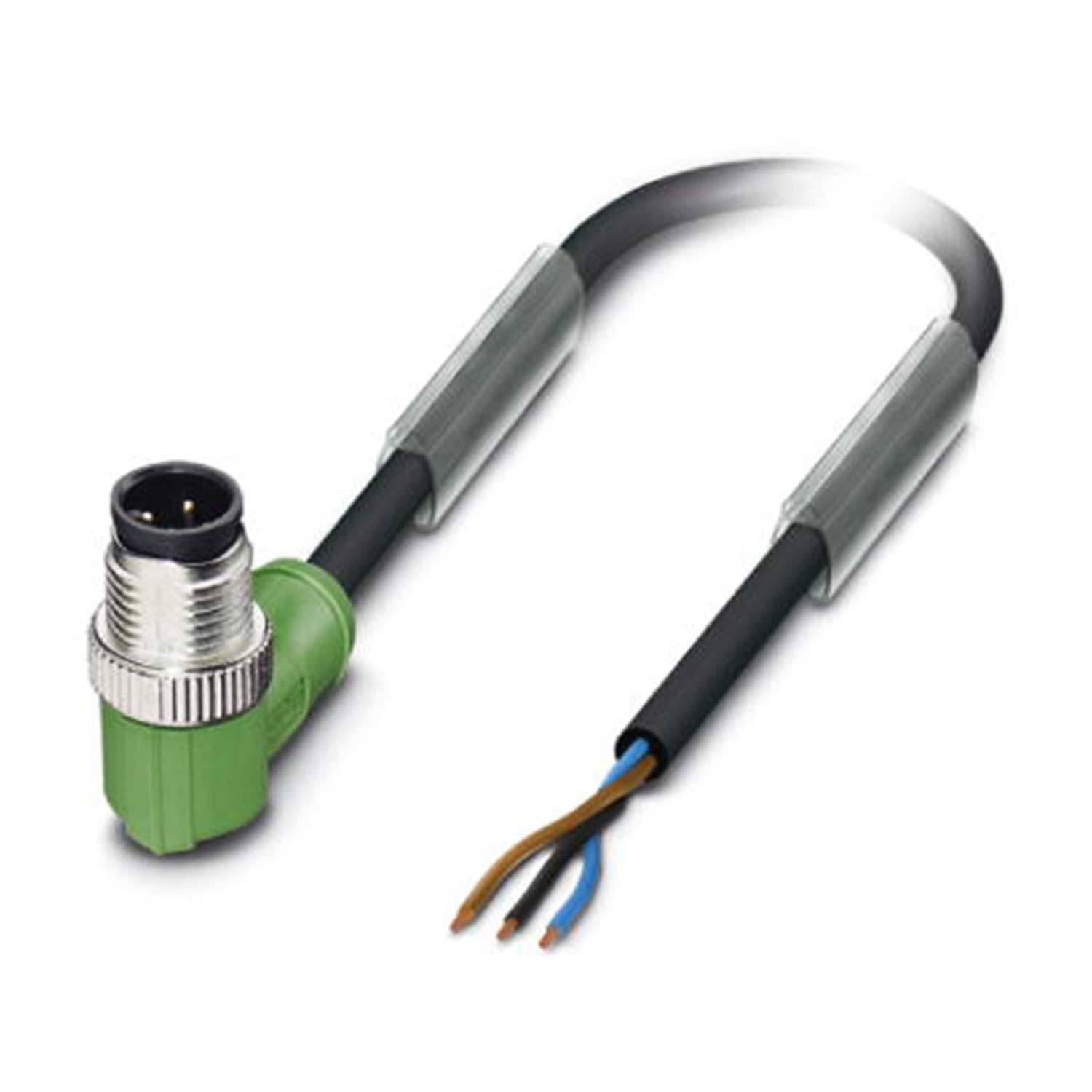 Ein grünes Winkel-M8-Anschlusskabel mit freigelegten Kupferdrähten am Ende, verwendet für industrielle oder elektrische Verbindungen.
