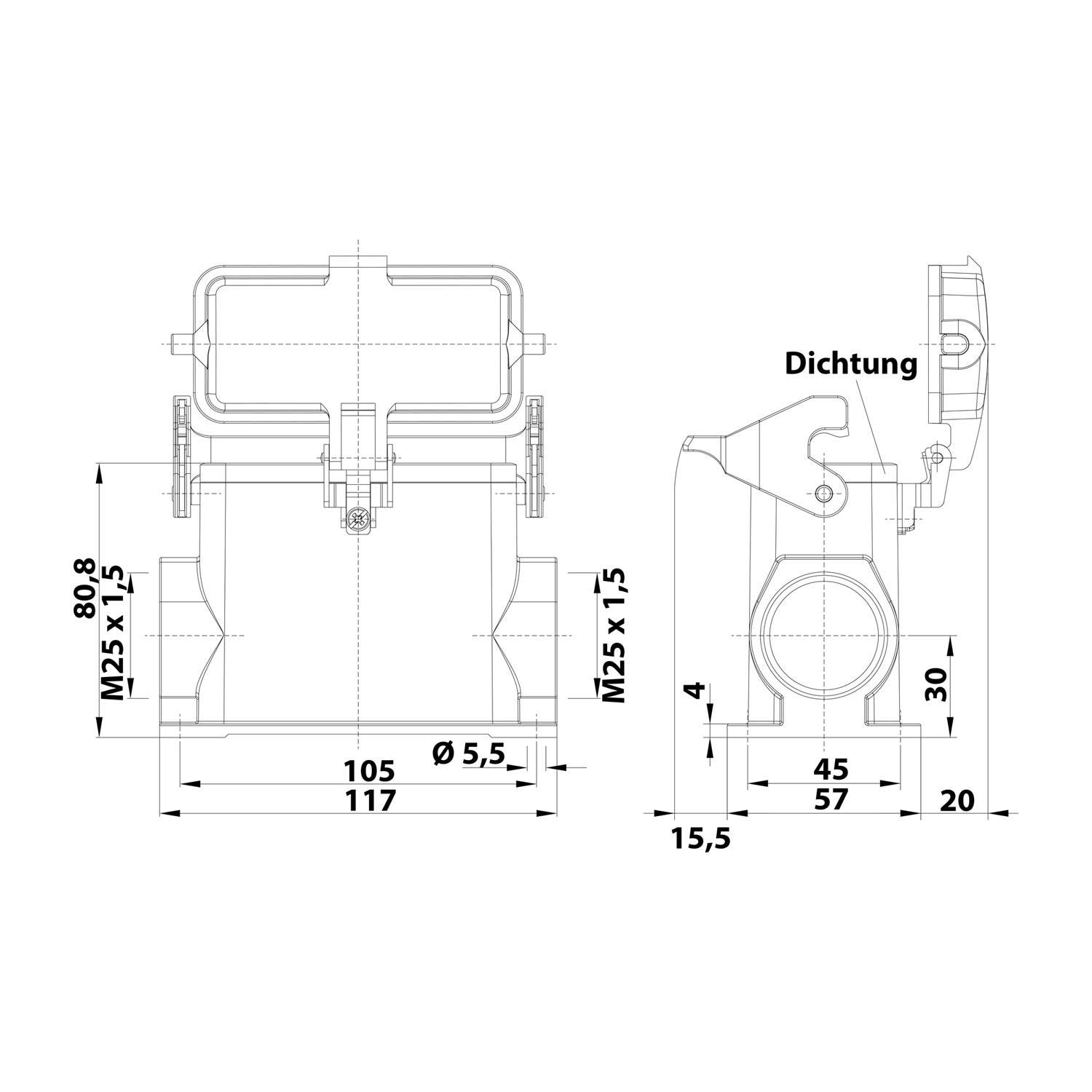 05300162265 HARTING Han 16B Sockelgehäuse hoch, 2xM25 seitlicher Kabelabgang, mit 1 Längsbügel mit Schutzkappe Metall -