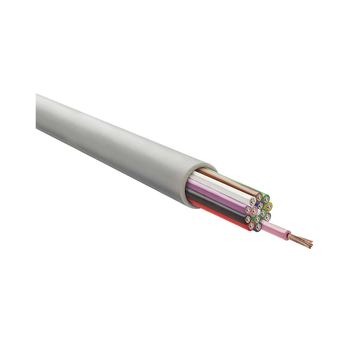 Ein großes, graues Kabel mit mehreren kleineren, farbcodierten Drähten, die am Ende freigelegt sind.