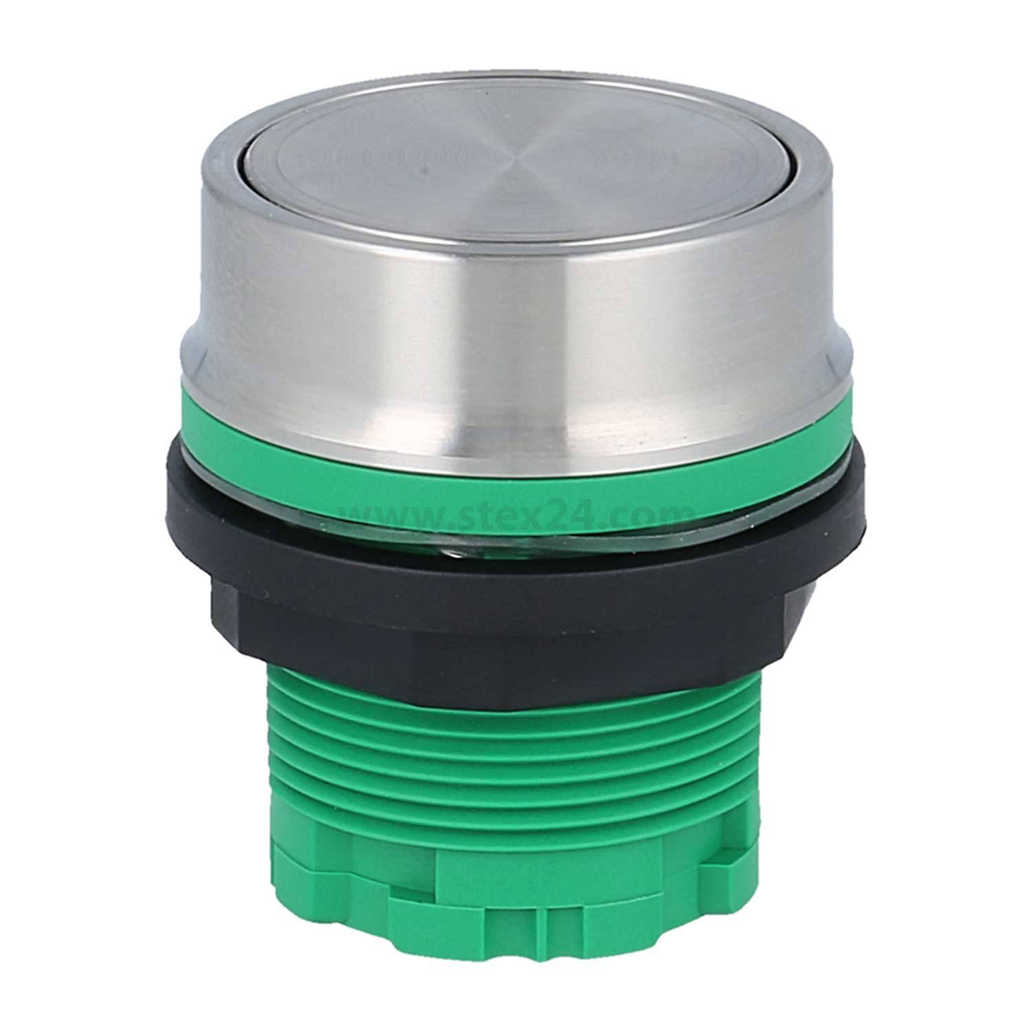 „Ein metallischer Drucktastenschalter mit grüner Basis und gewindeter schwarzer Mittensektion, konzipiert für elektronische Geräte oder Maschinensteuerung.