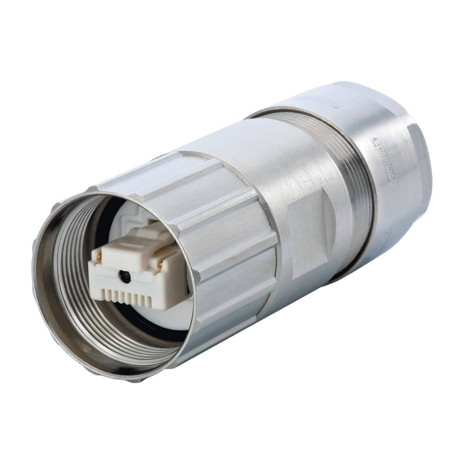 Ein zylindrischer silberner Verbinder mit einem internen weißen Stecker, der an beiden Enden Gewinde aufweist und für sichere elektrische Verbindungen verwendet wird.