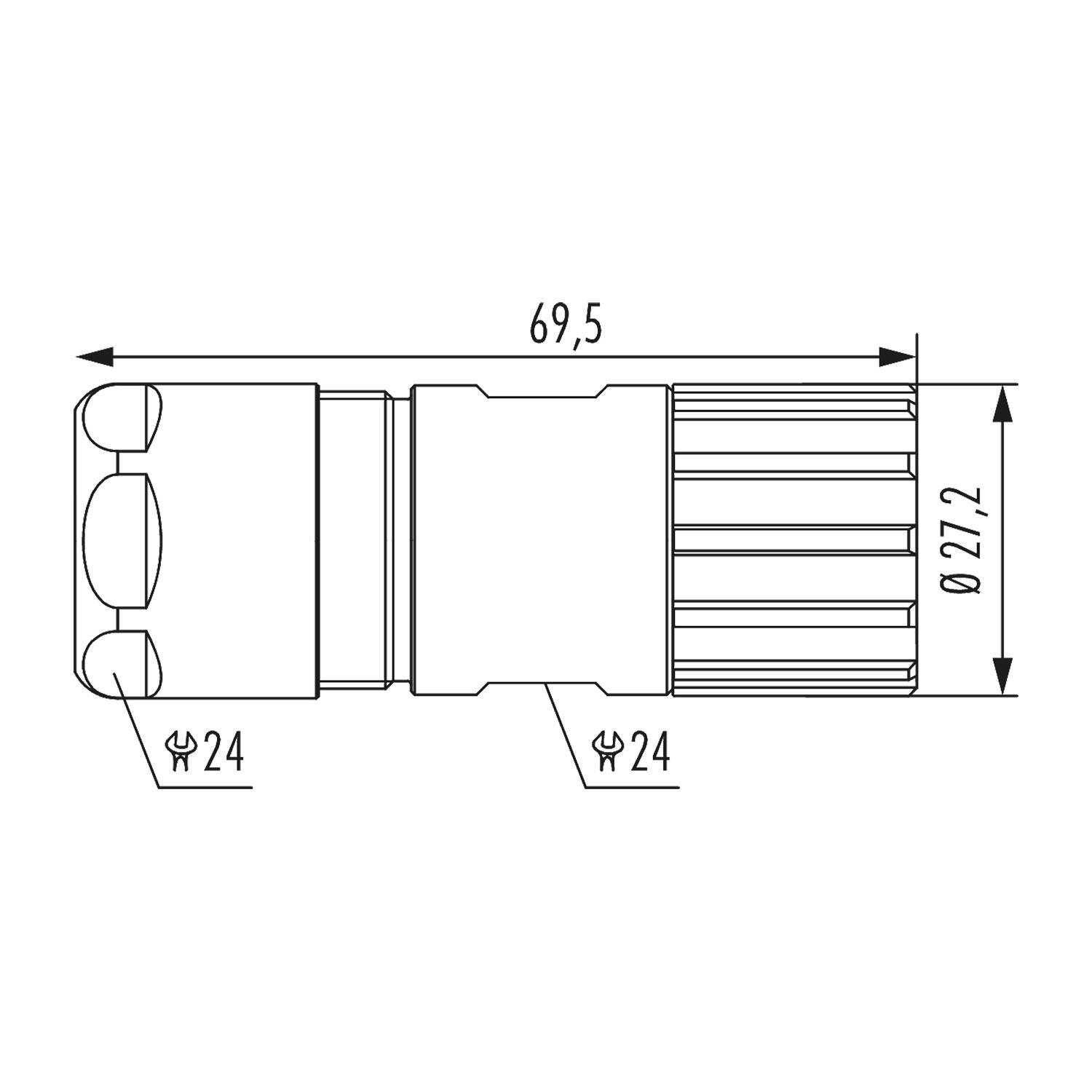 Eine technische Zeichnung einer zylindrischen mechanischen Komponente, 69,5 mm lang und 27,2 mm im Durchmesser, mit detaillierten Maßangaben.
