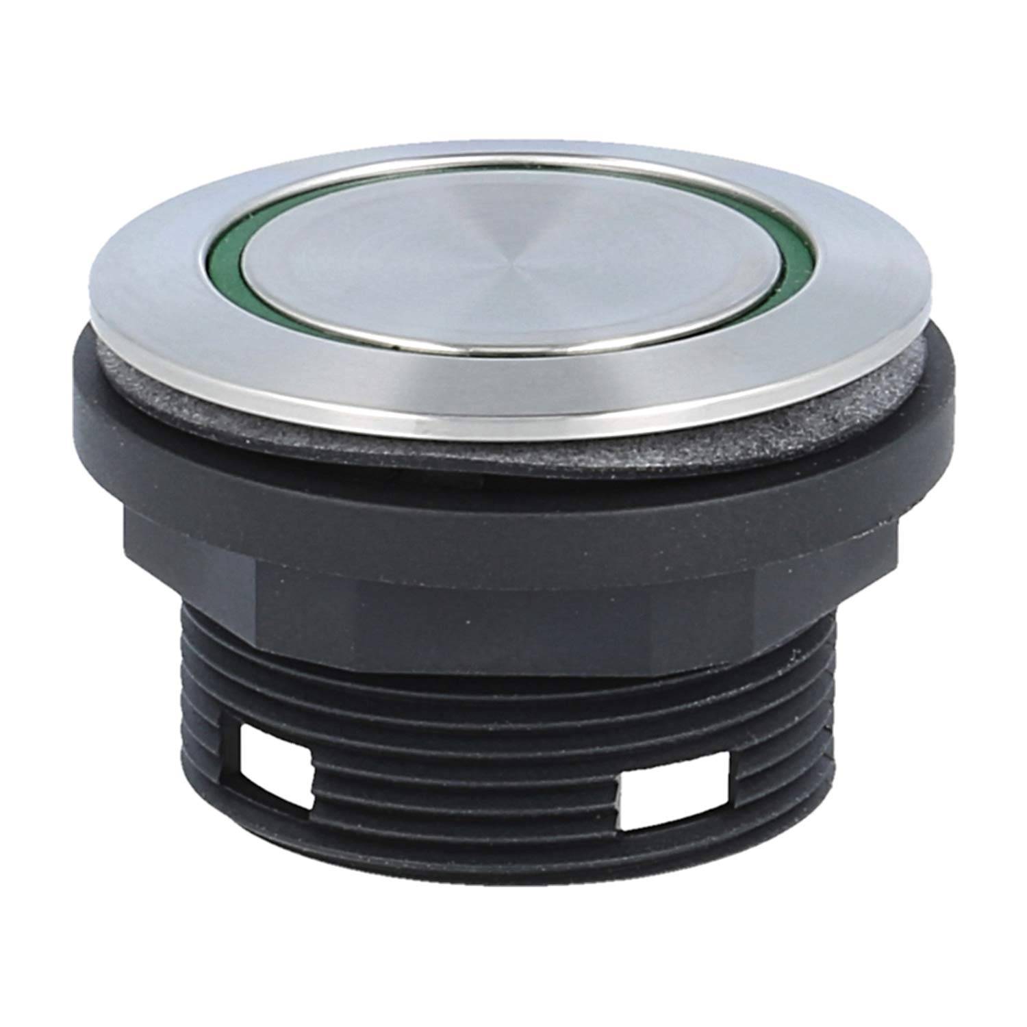 Drucktaster mit einer runden, metallischen Oberfläche und schwarzer Basis, konzipiert für elektronische Geräte oder Bedienfelder von Maschinen.