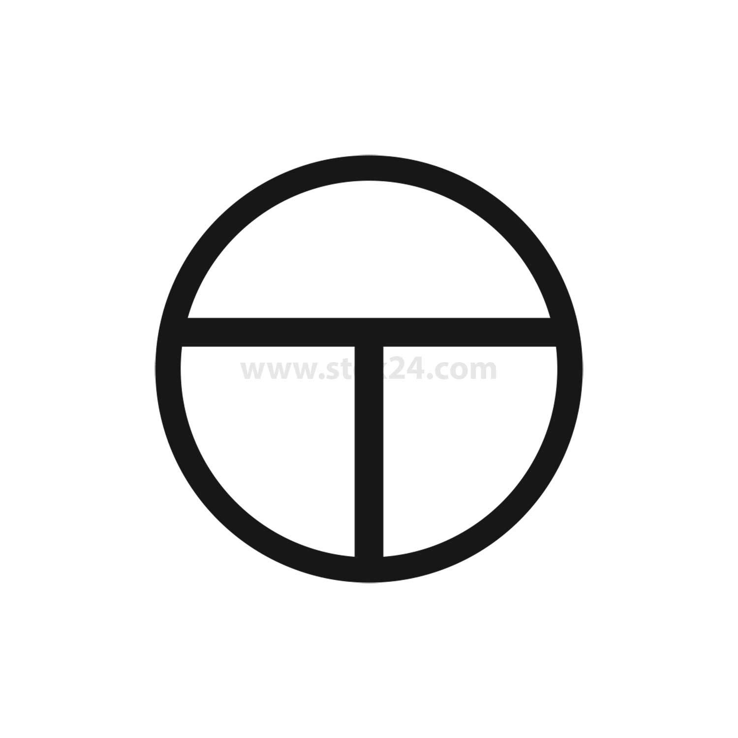 Ein schwarzes geometrisches Logo mit einem Kreis, der durch horizontale und vertikale Linien in vier Abschnitte geteilt ist und einem stilisierten ‚T' ähnelt.