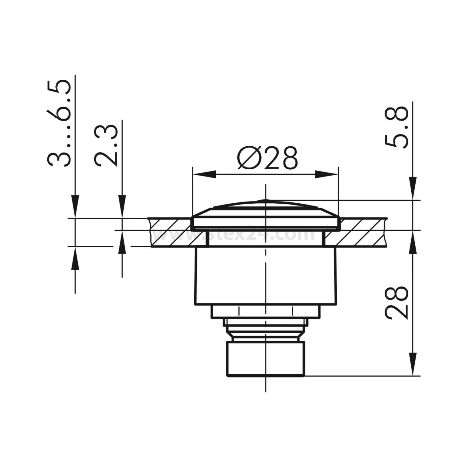 Technische Zeichnung eines kreisförmigen Bauteils mit Maßen: Durchmesser 28 mm, Höhe 28 mm und unterschiedlichen Breiten markiert bei 3-6,5 mm, 2,3 mm und 5,8 mm.